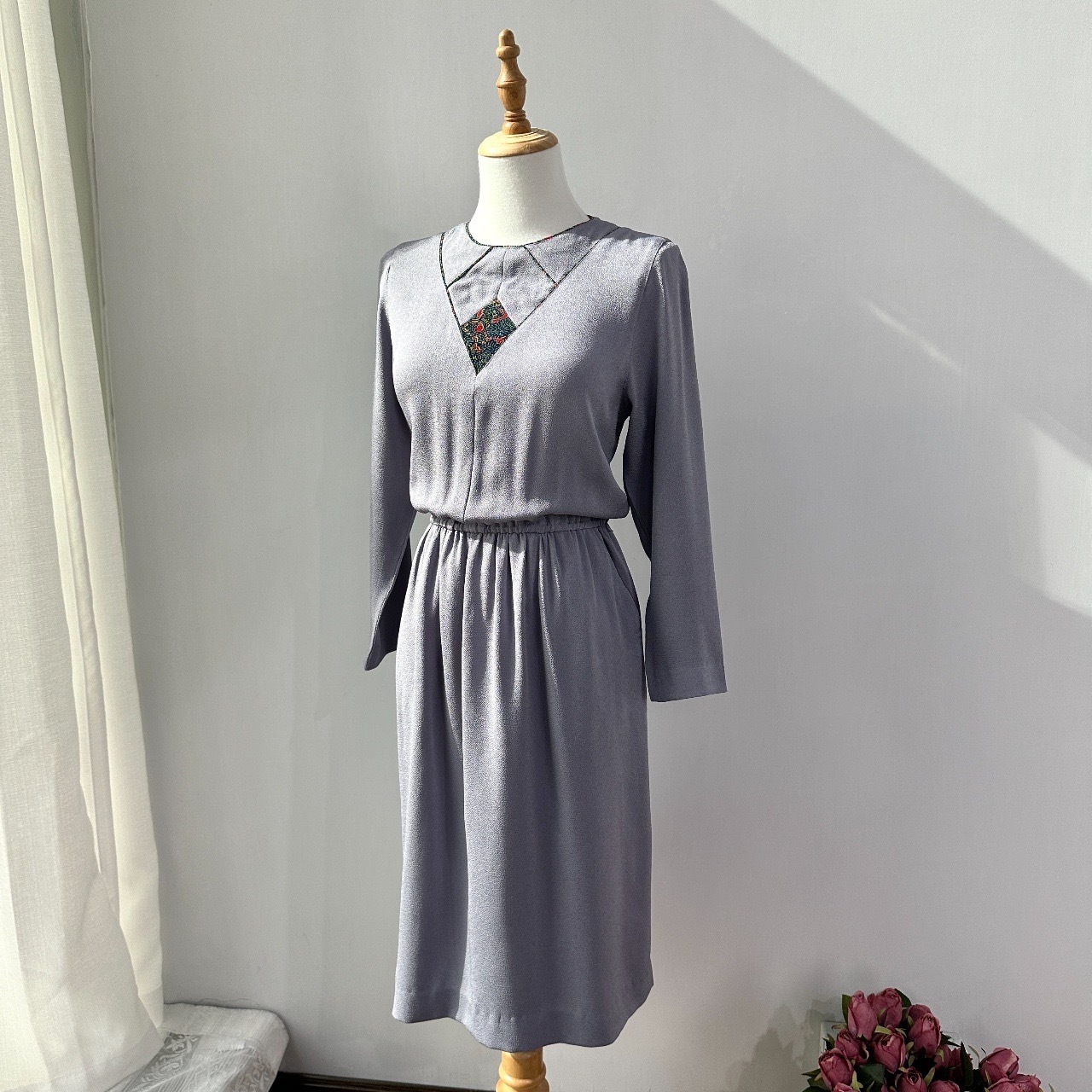 勿忘草藍色帶紫調和服布連身裙