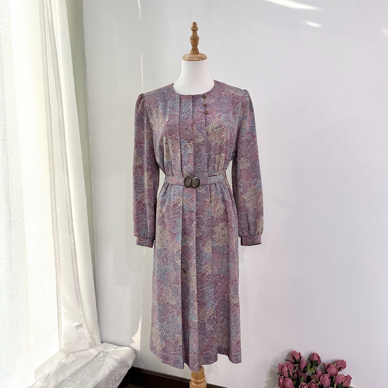 日本製紫丁香色朦朧美葉紋連身裙