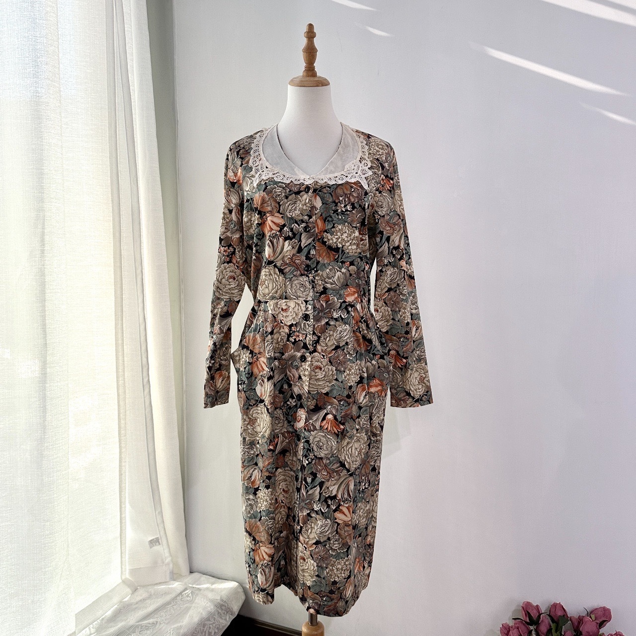 美國製 BY Berkeley 黑色手繪感雜花古著連身裙