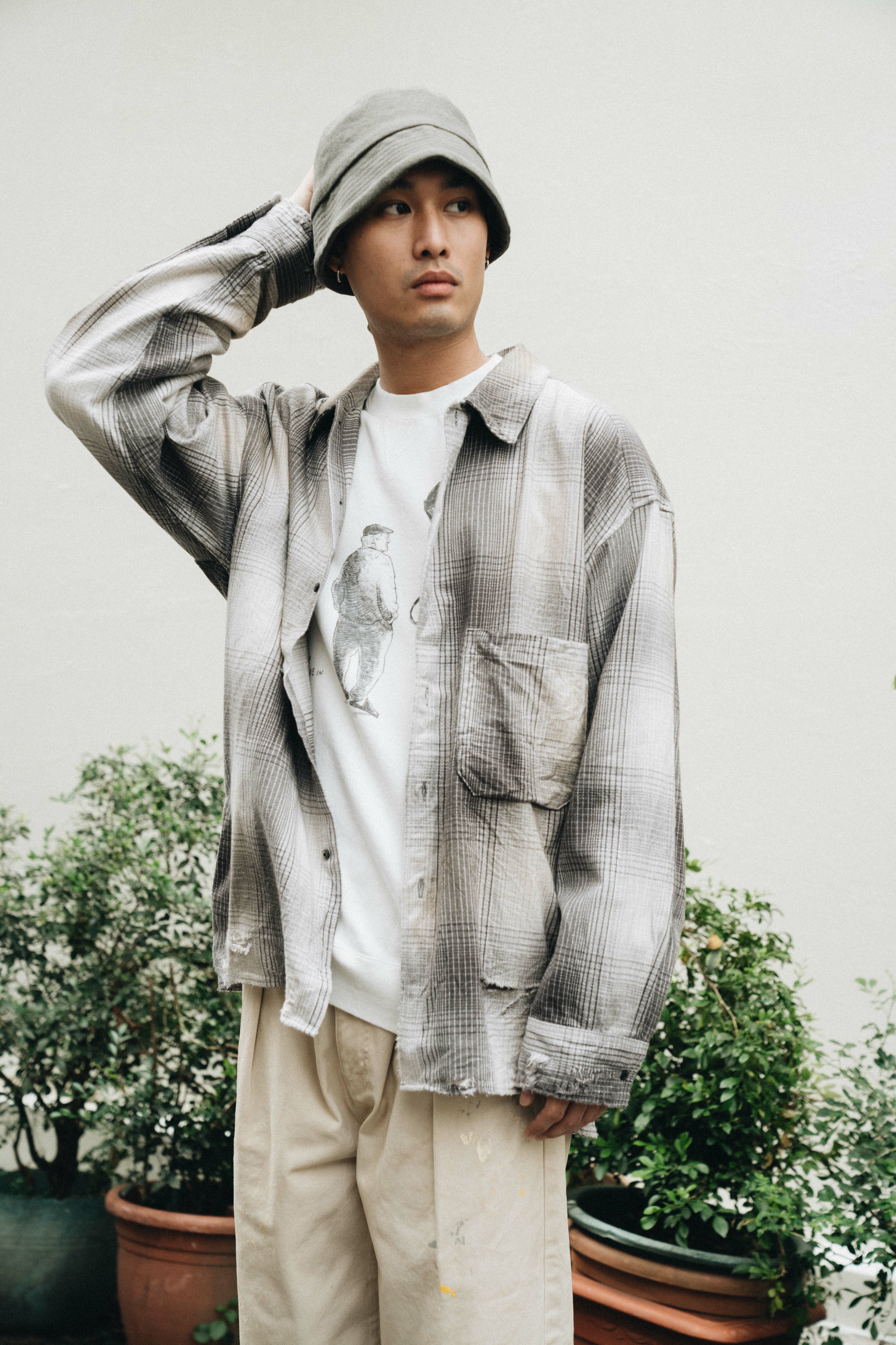 ANCELLM - DAMAGED FLANNEL CHECK SHIRT / IVORY x BLACK