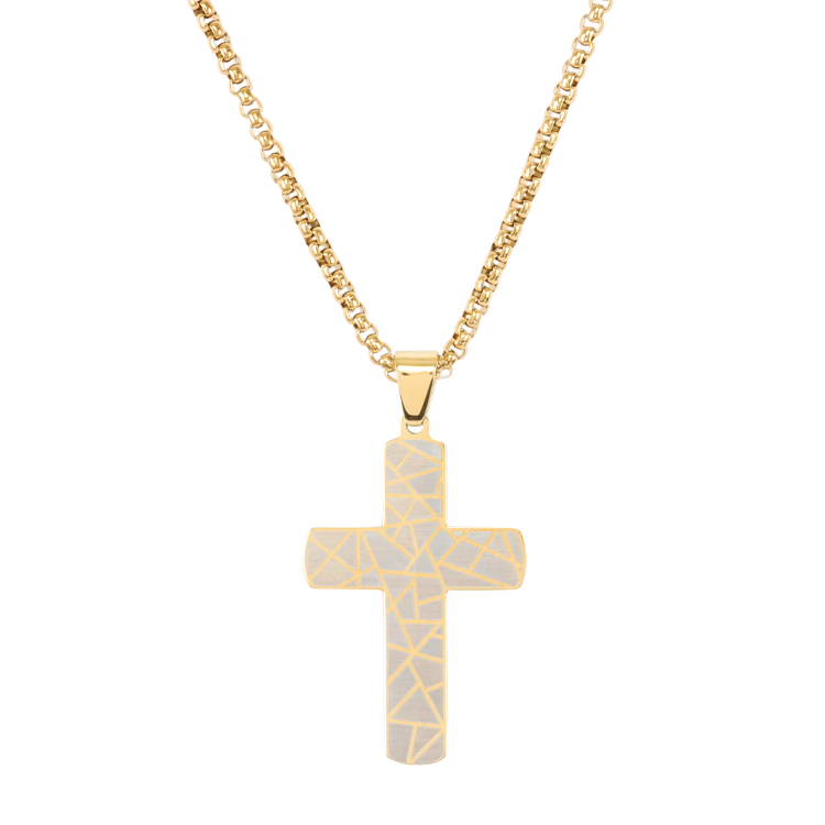 白鋼項鍊，男士項鍊 金色十字架；救贖的記號（3520）