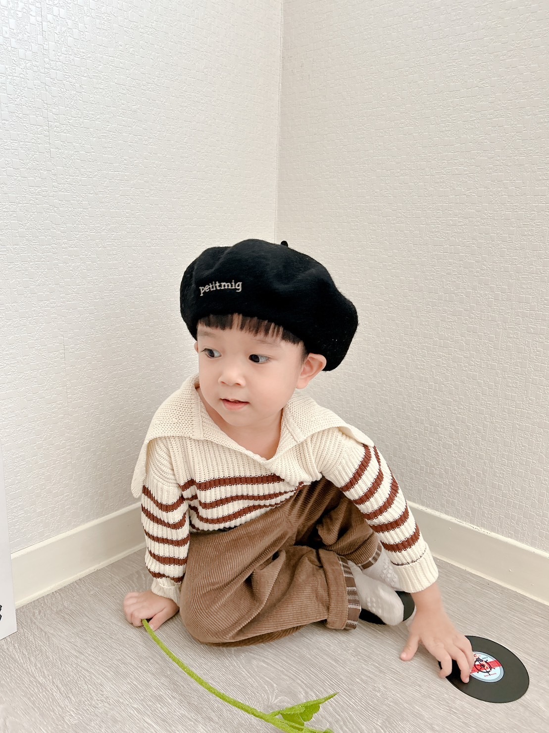 日本Petitmig 燈芯絨反折格紋長褲 - Brown