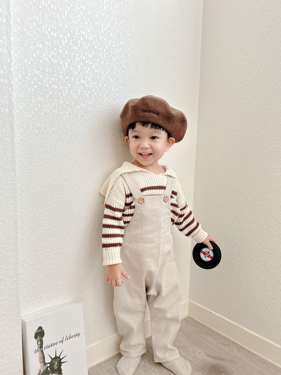 日本Petitmig 亞麻混棉人字紋吊帶長褲 - Beige