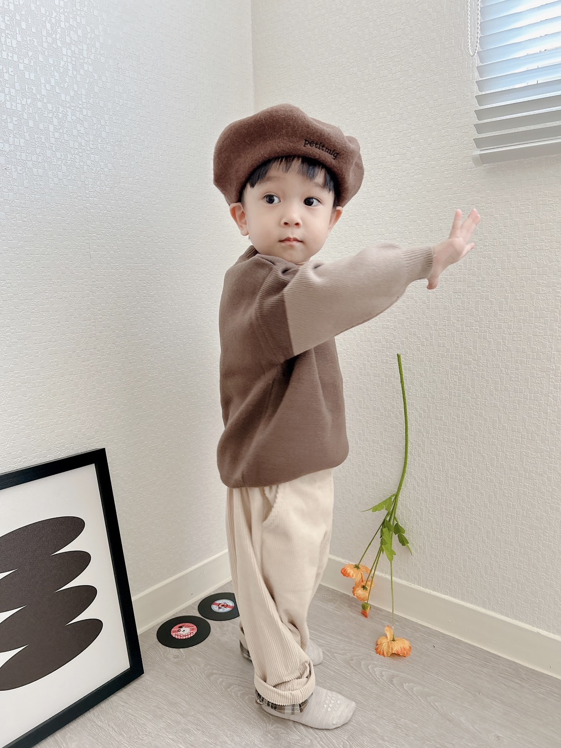 日本Petitmig 燈芯絨反折格紋長褲 - White