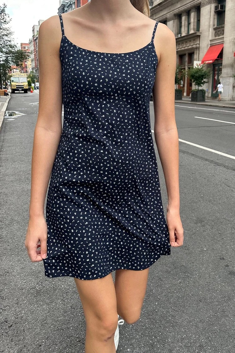 Brandy Melville 棉質後綁帶深藍色碎花細肩帶洋裝COLLEEN DRESS