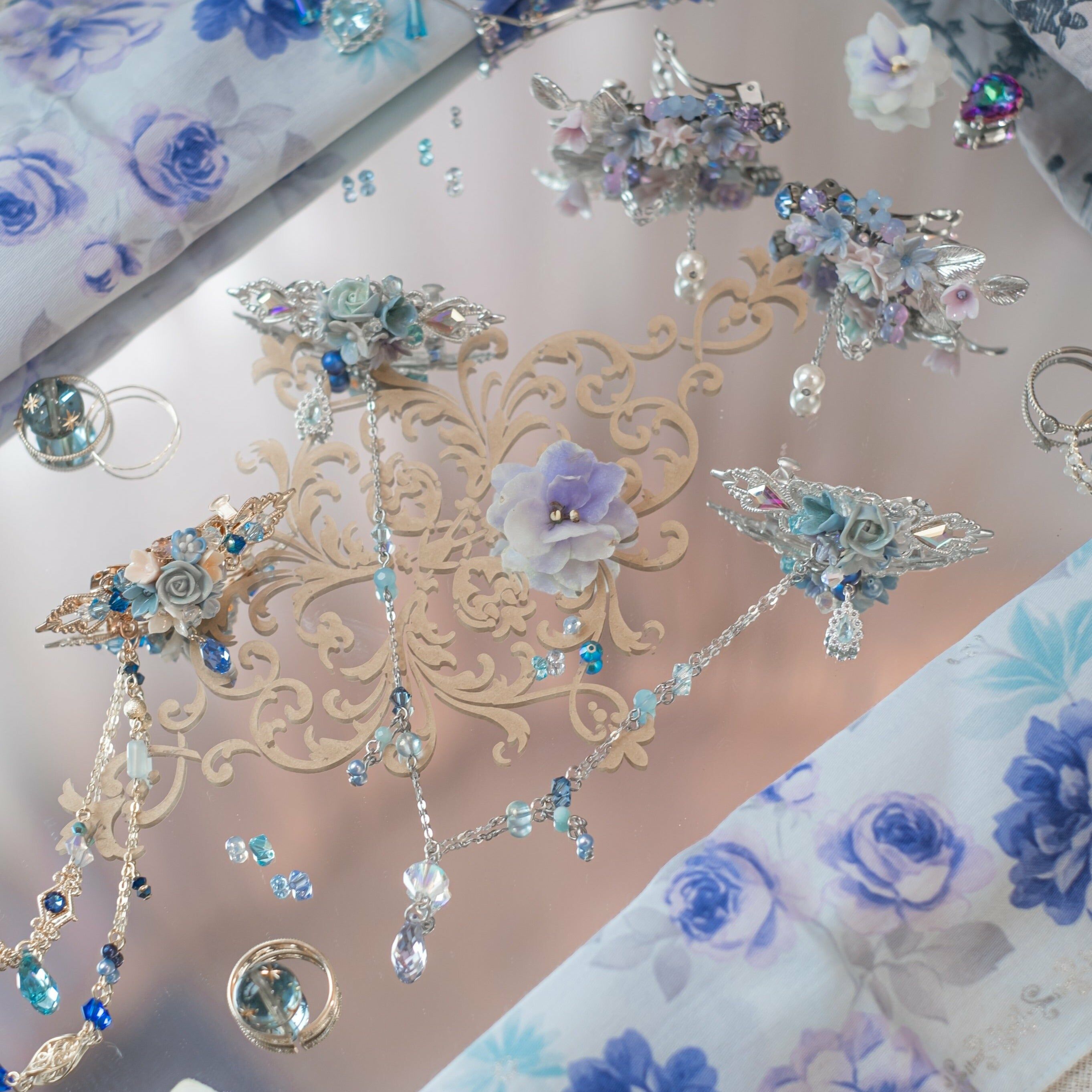 Blue Rose Barrette Carrie Clip Set