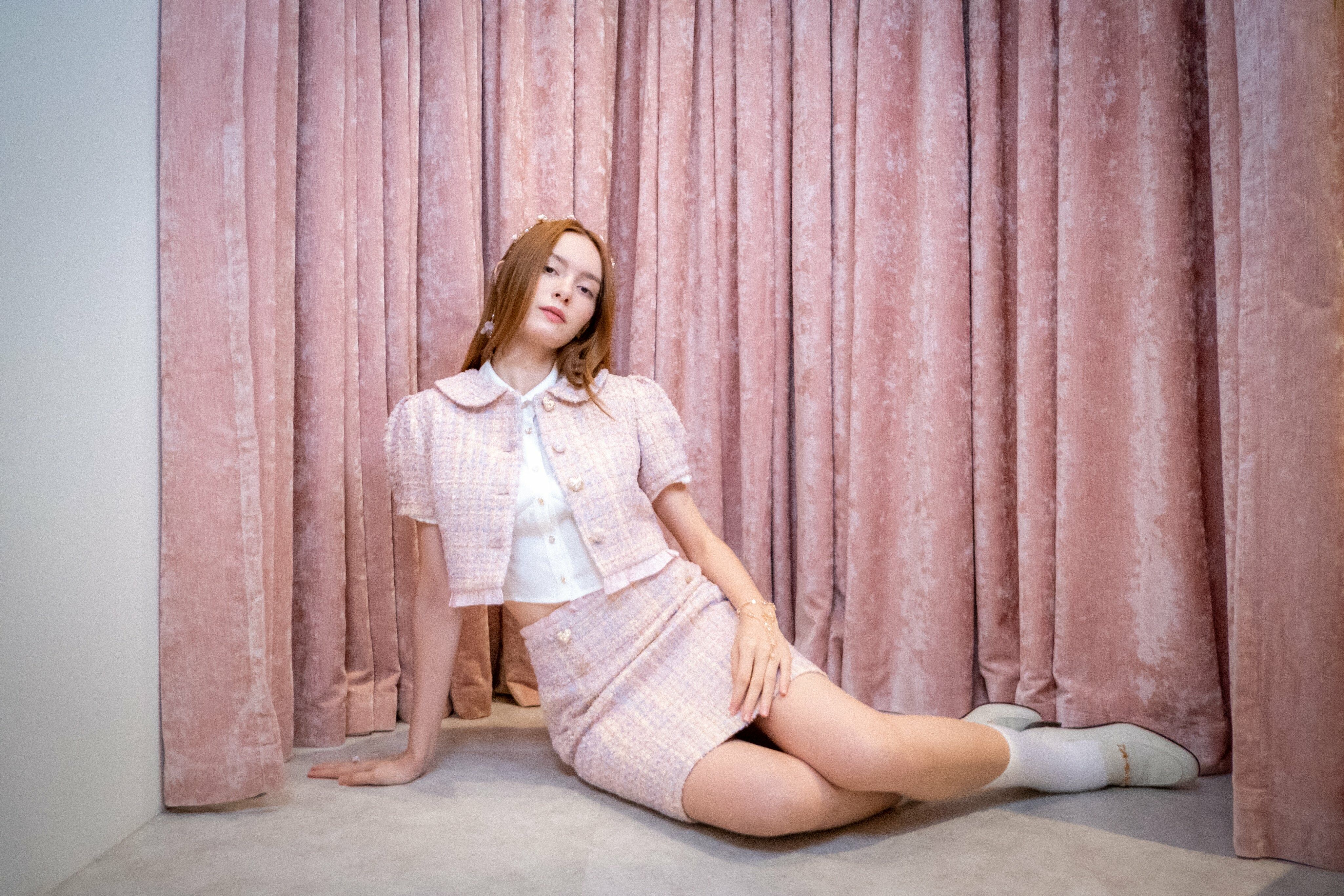 Pluff Sleeves Round Collar Tweed (Pink/Baby Blue/Pearl)