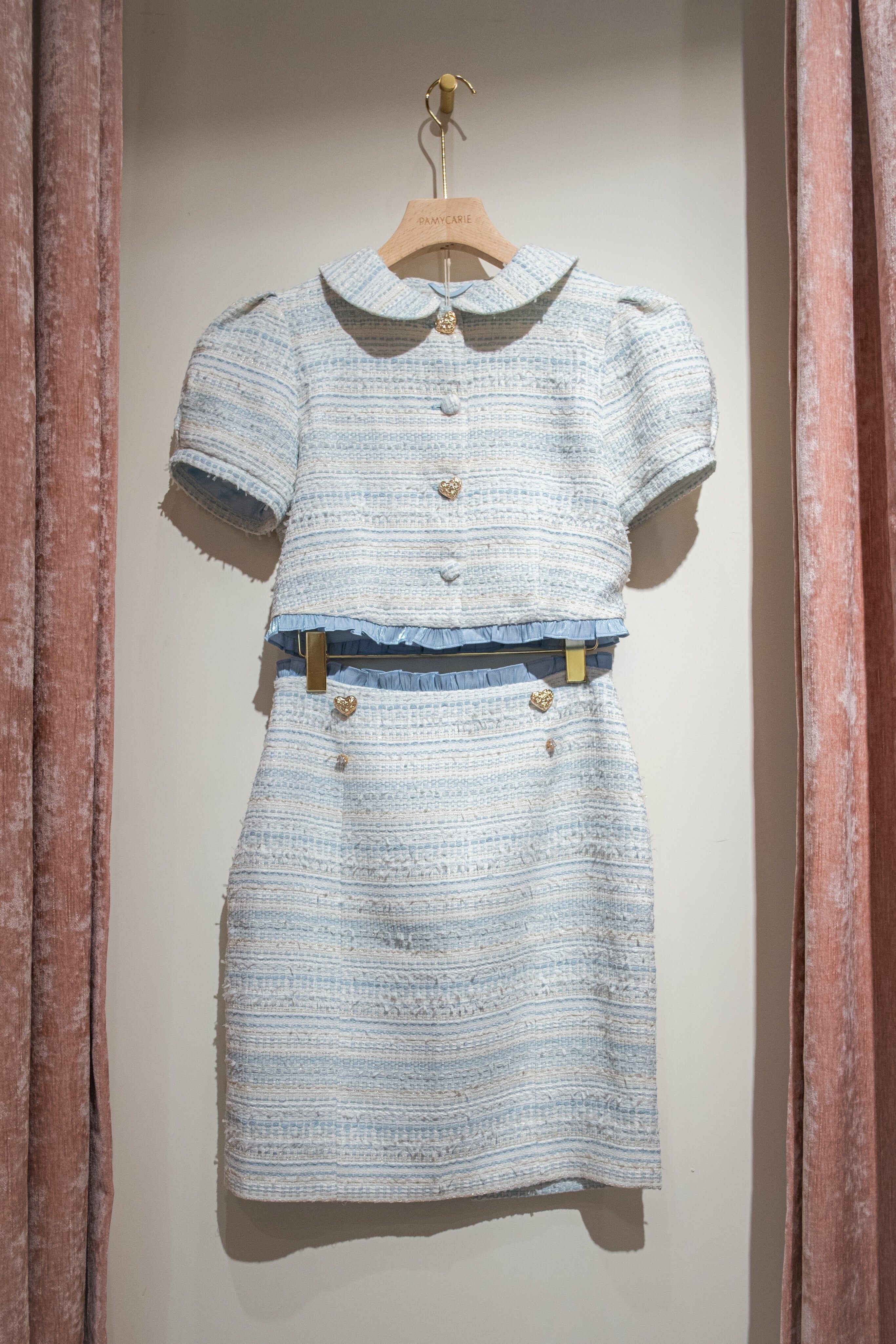 Pluff Sleeves Round Collar Tweed (Pink/Baby Blue/Pearl)