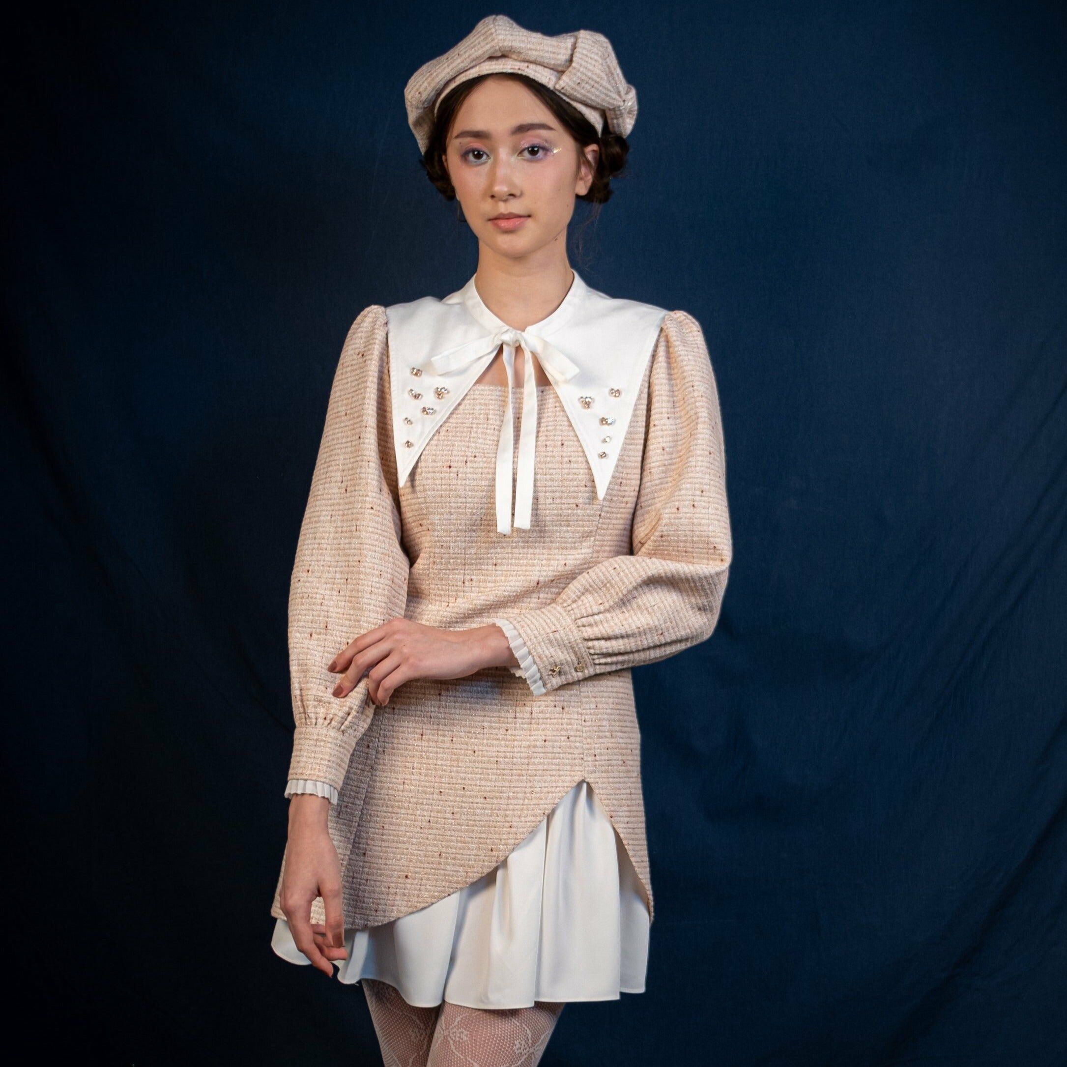 Lace Slit Dress with Collar/Layered Tweed Dress with Collar (Cream/Pink/Navy)