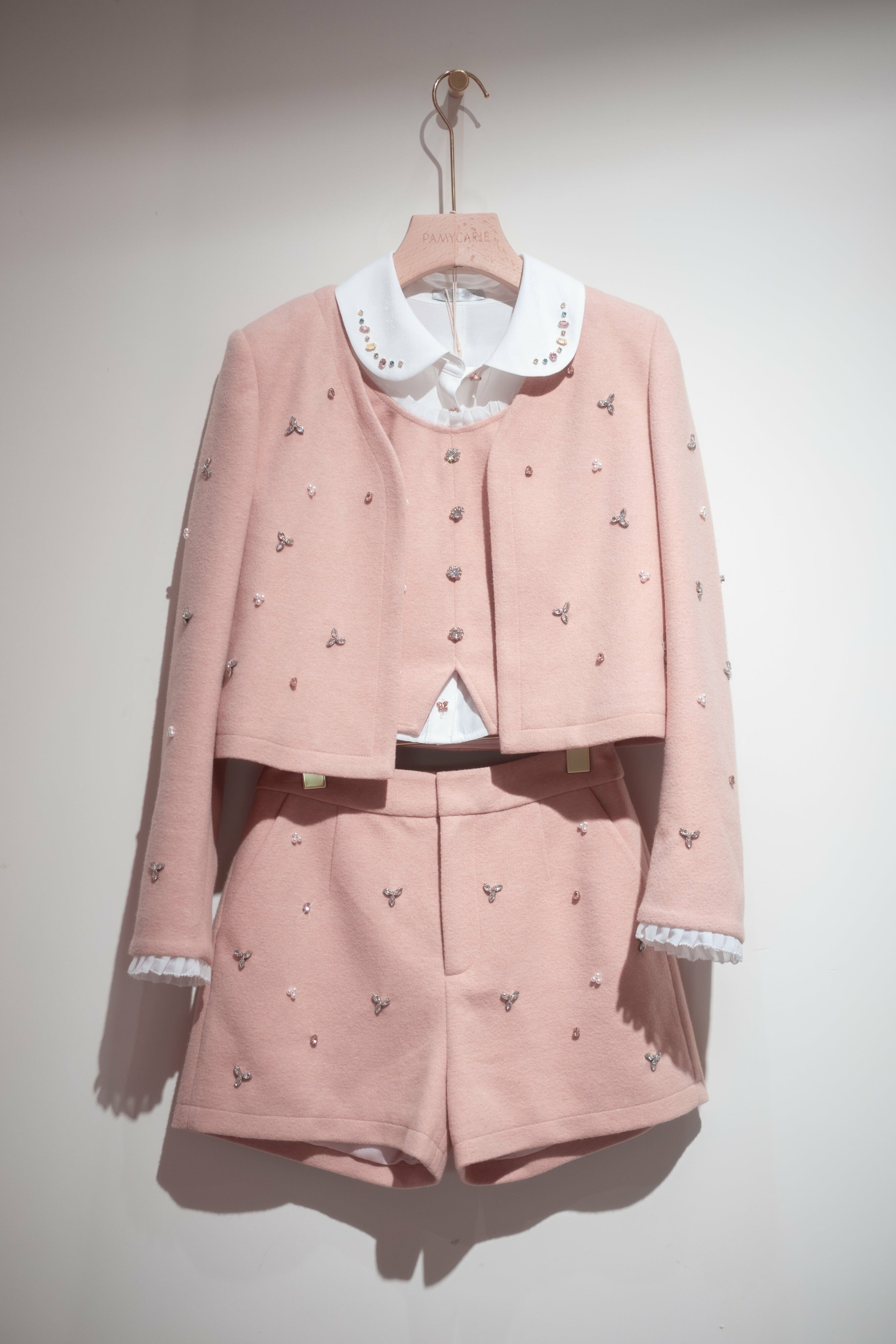 CZ Embroidered Tweed Jacket/Vest/Shorts (Pink/Black/Knit Dusty Pink)