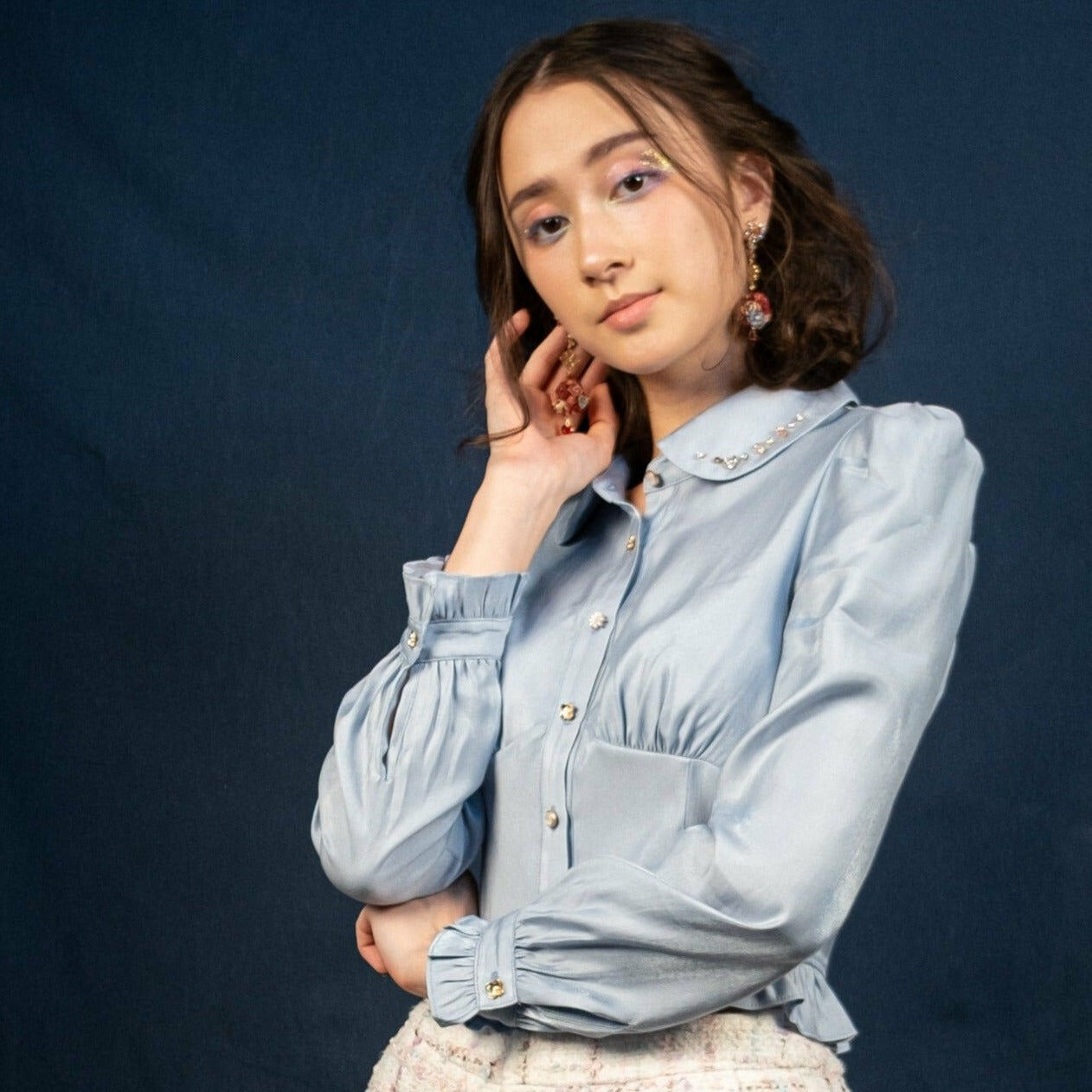 CZ Embroidered Ruffled Shirt (White/Pink/Green/Blue/Navy)