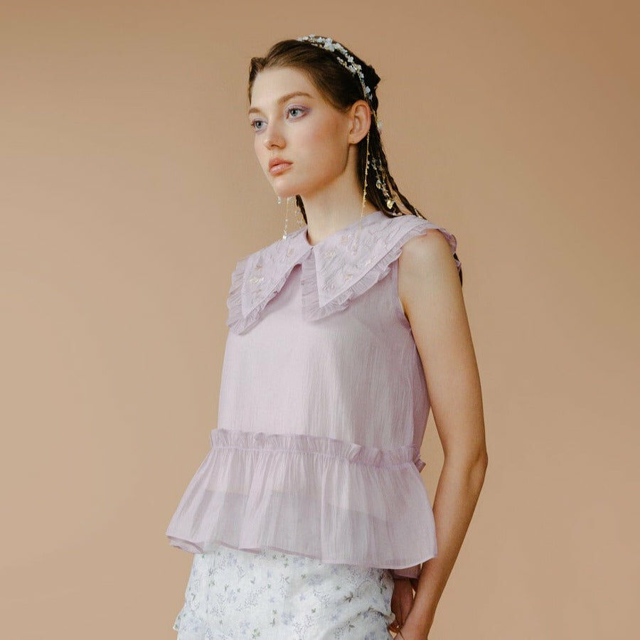 Sheer Ruffled Blouse with Embroidered Collar (Yellow/Purple)