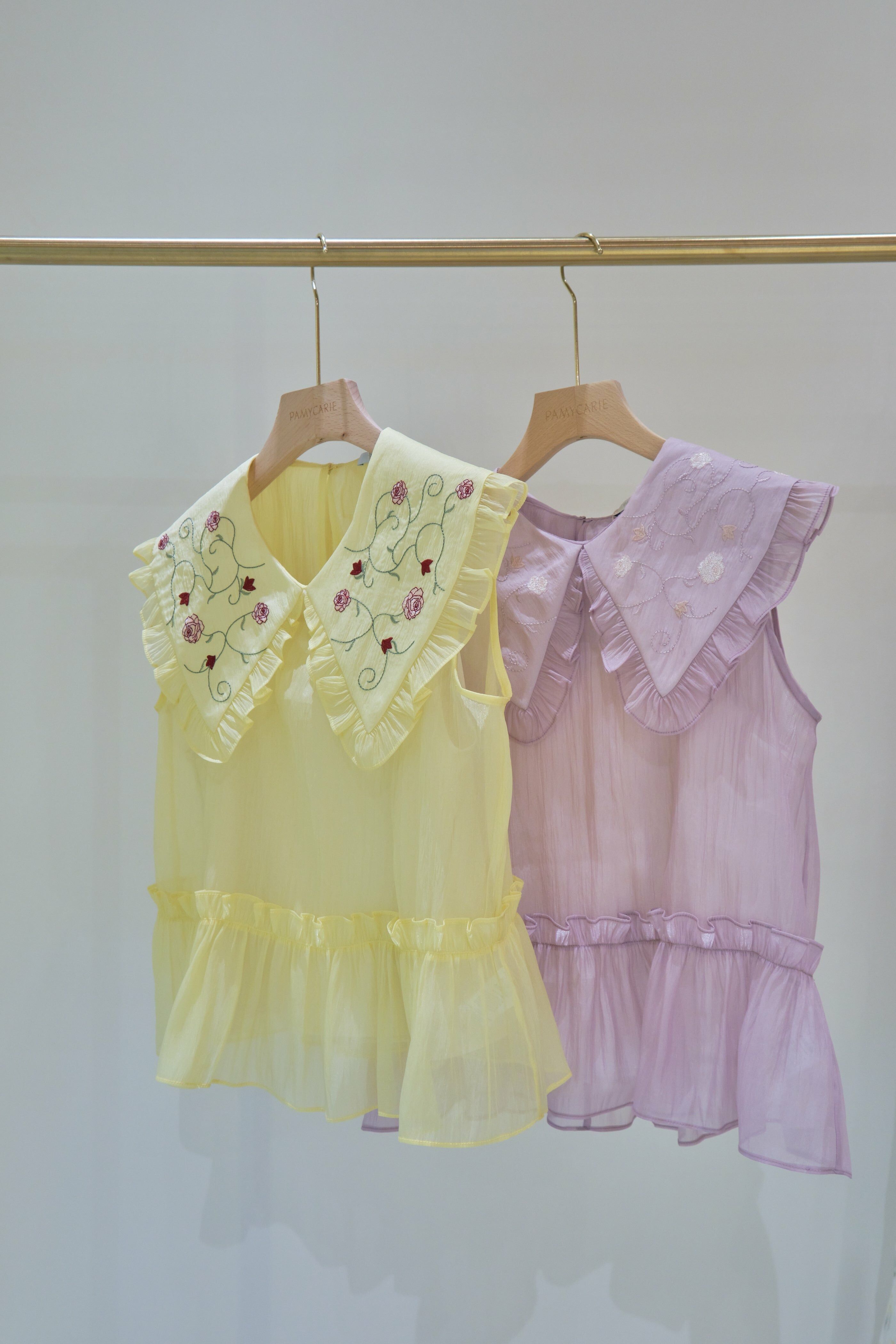 Sheer Ruffled Blouse with Embroidered Collar (Yellow/Purple)