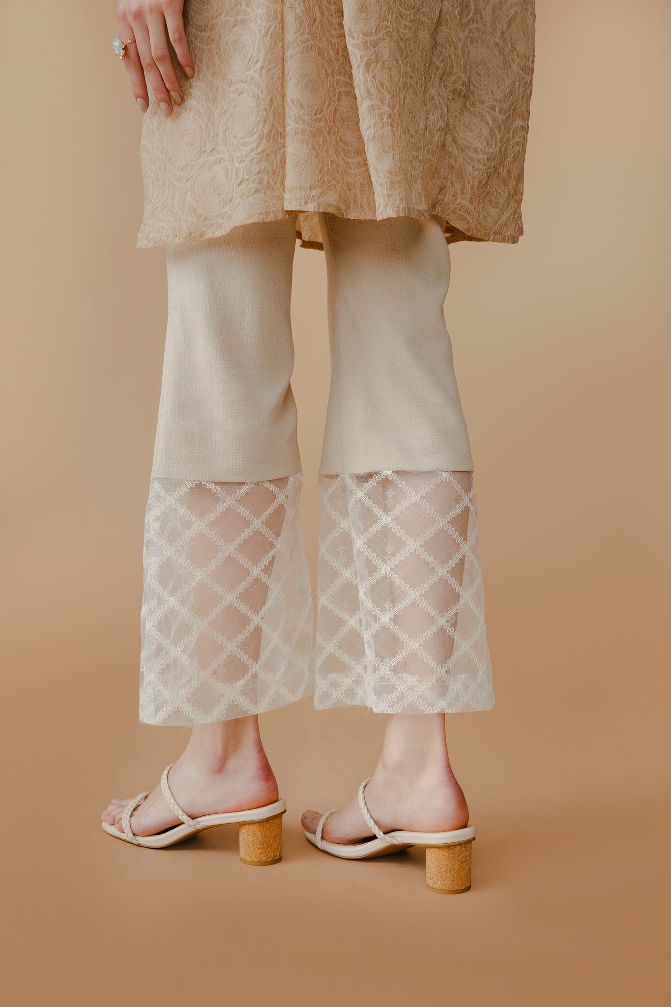 Flared Half-sheer Mesh Trousers (Blue/Beige)