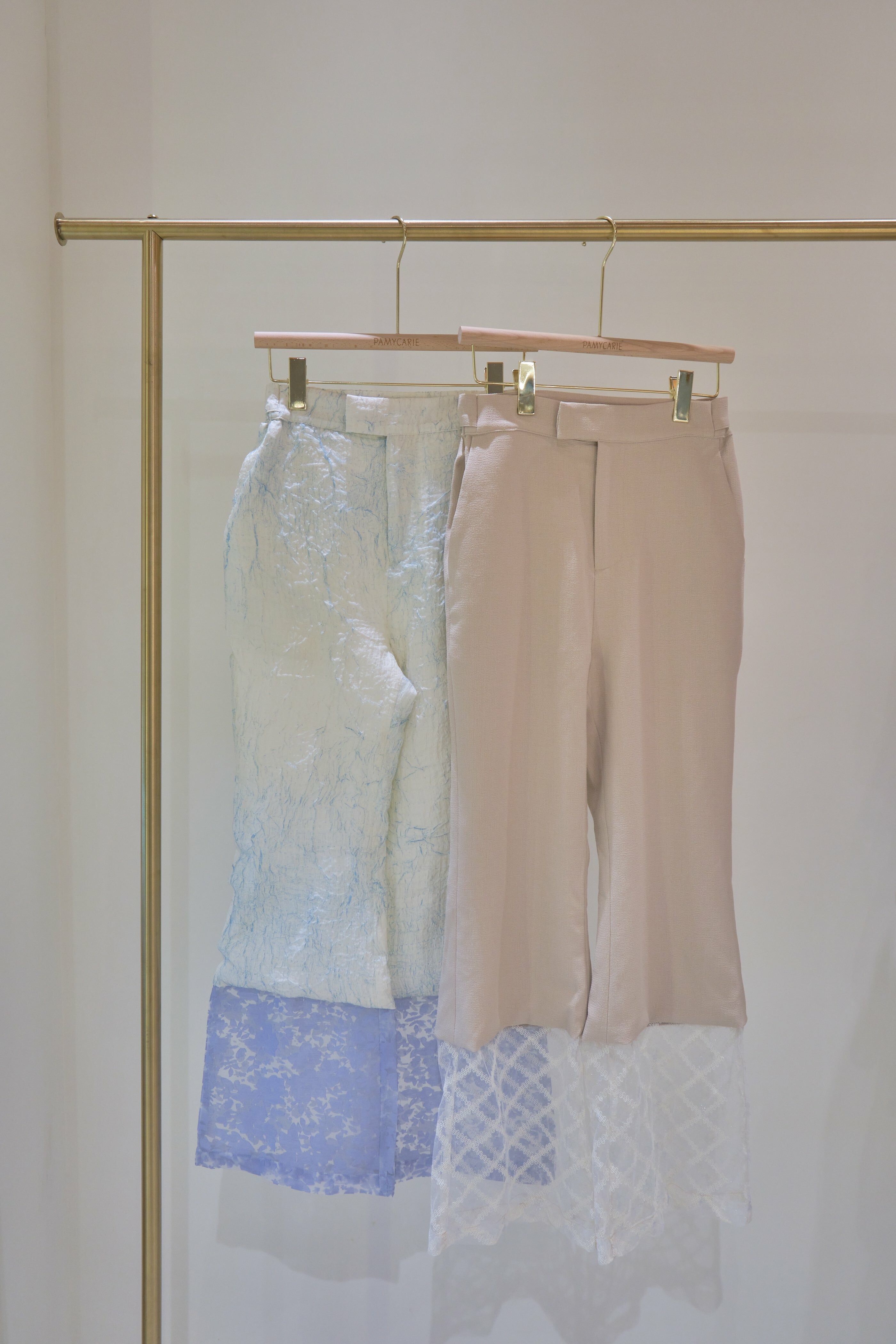 Flared Half-sheer Mesh Trousers (Blue/Beige)