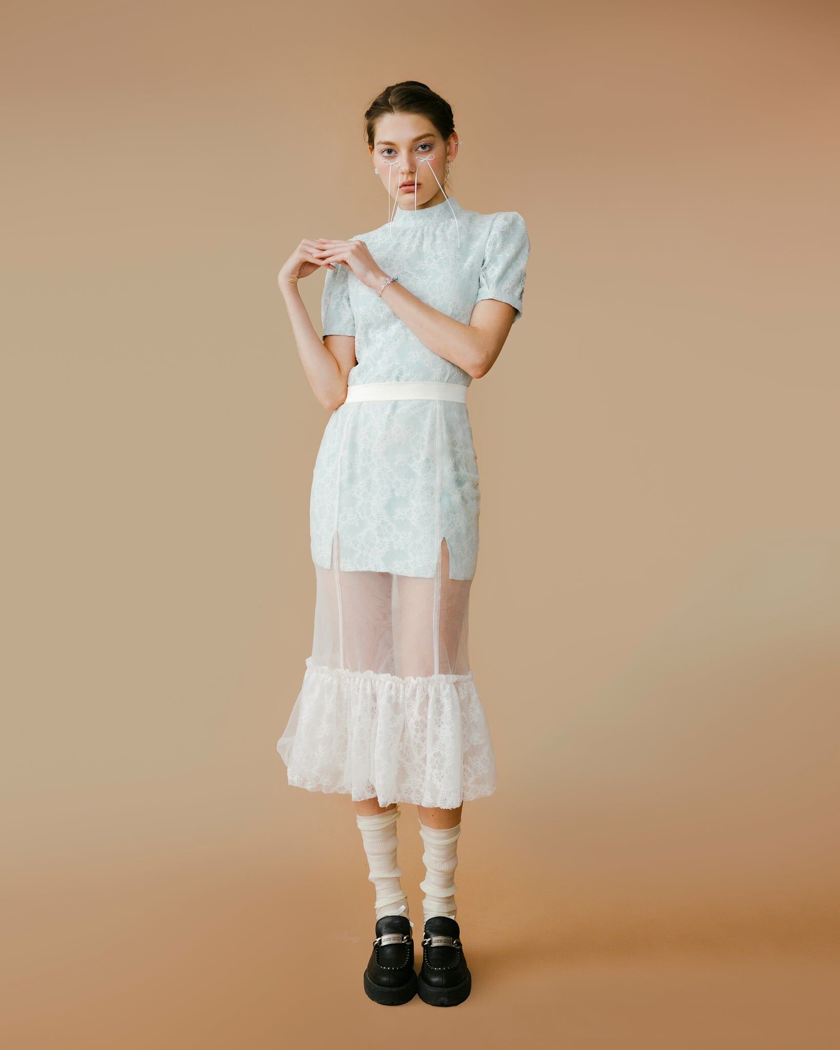 Porcelain Cheongsam Slit Dress & Sheer Skirt Cover Set (Blue/White)