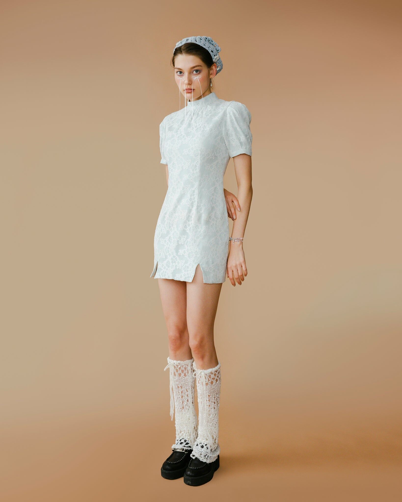 Porcelain Cheongsam Slit Dress & Sheer Skirt Cover Set (Blue/White)