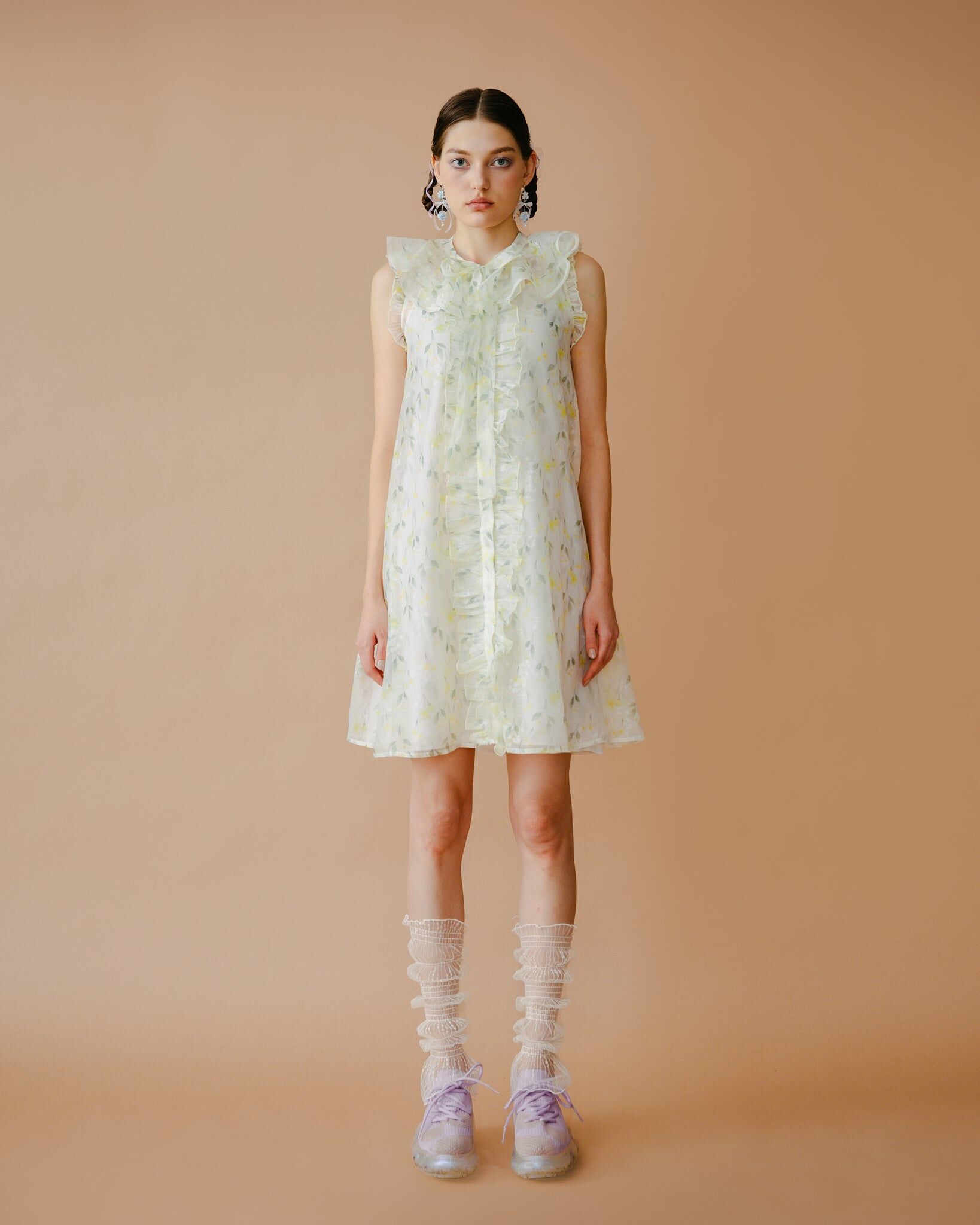 Floral Organdy Dress with Detachable Collar (Green/Brown)
