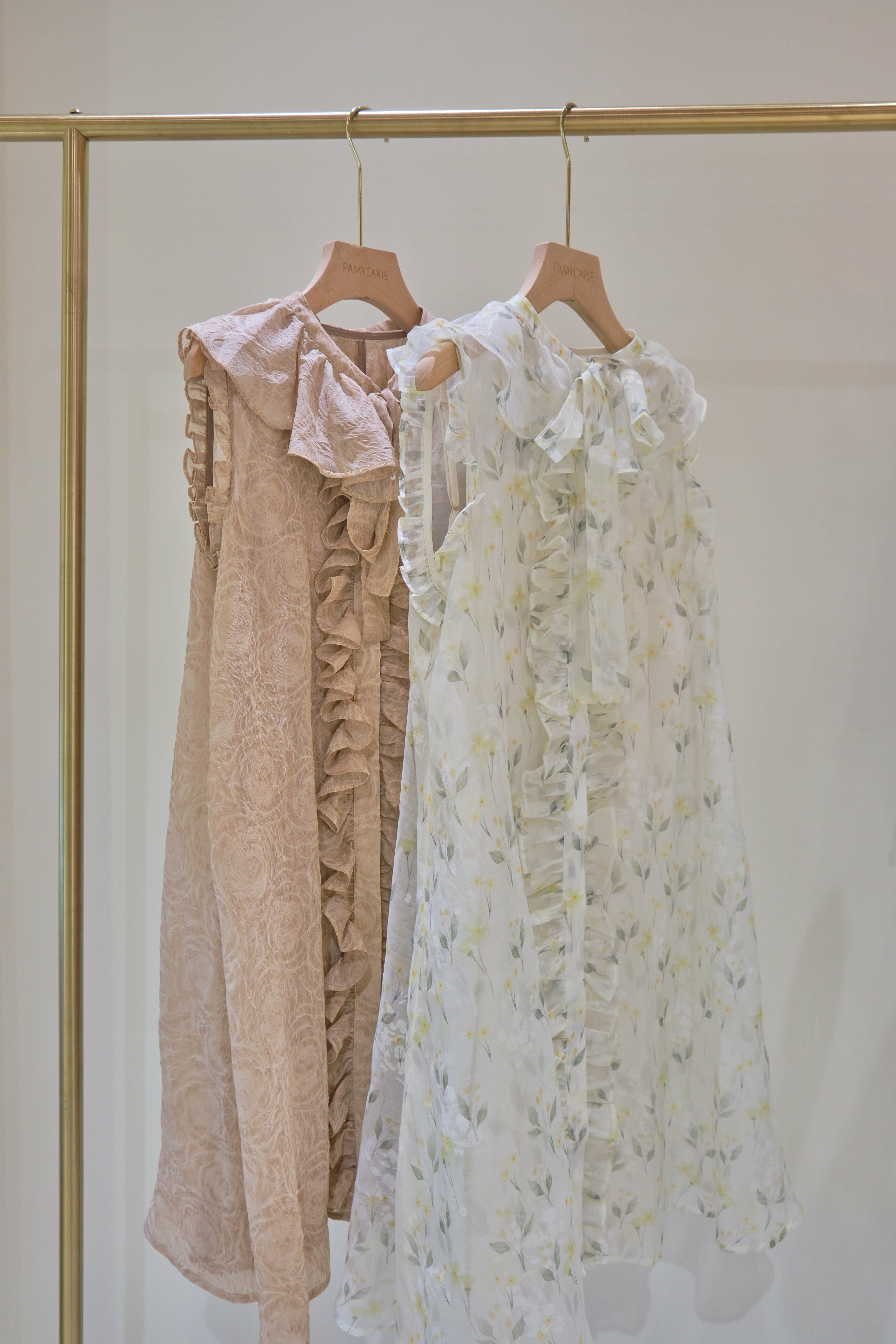 Floral Organdy Dress with Detachable Collar (Green/Brown)