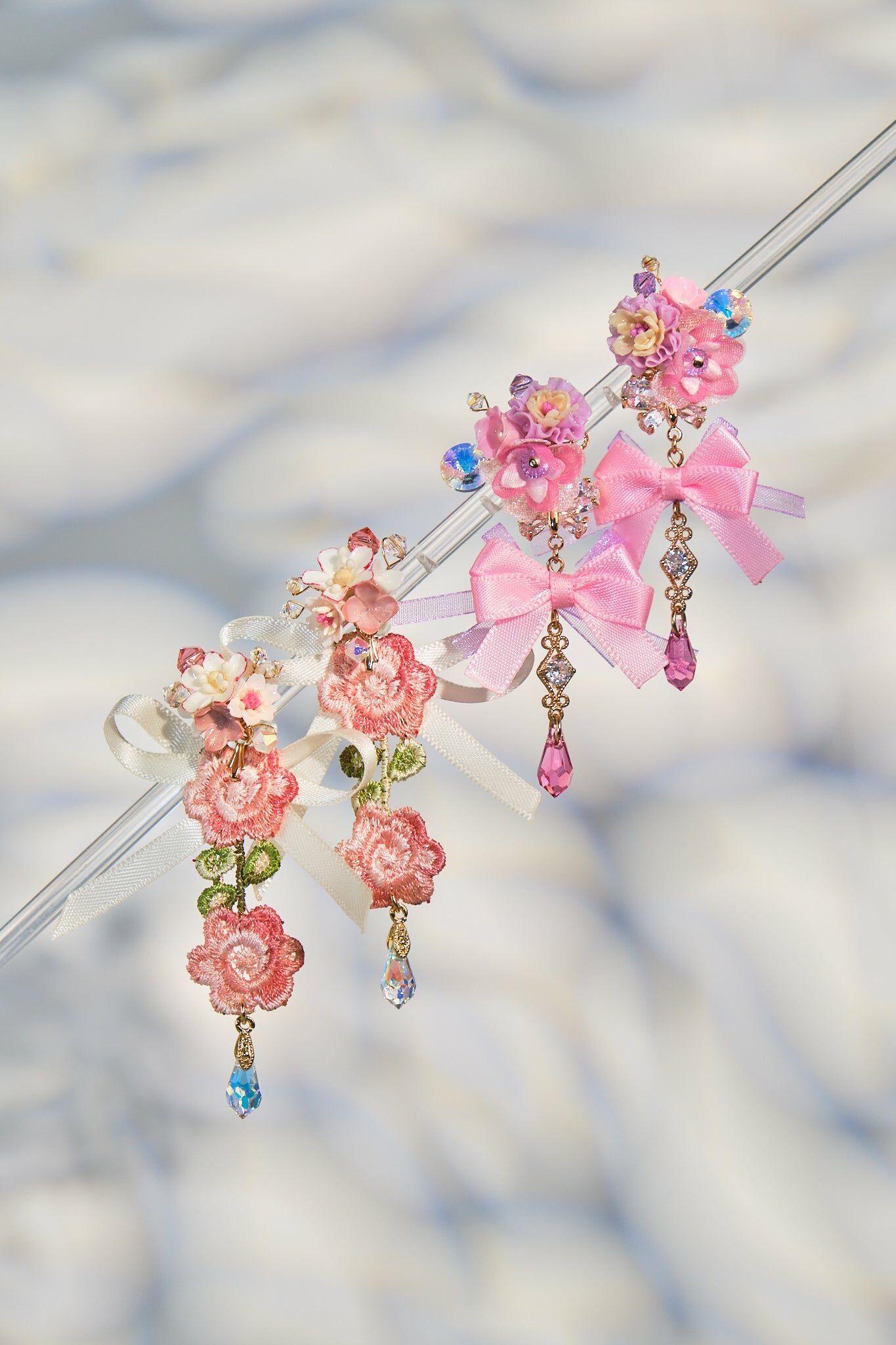 ⑧ Embroidery Ribbon Bow 2-way Earrings (8 Designs)