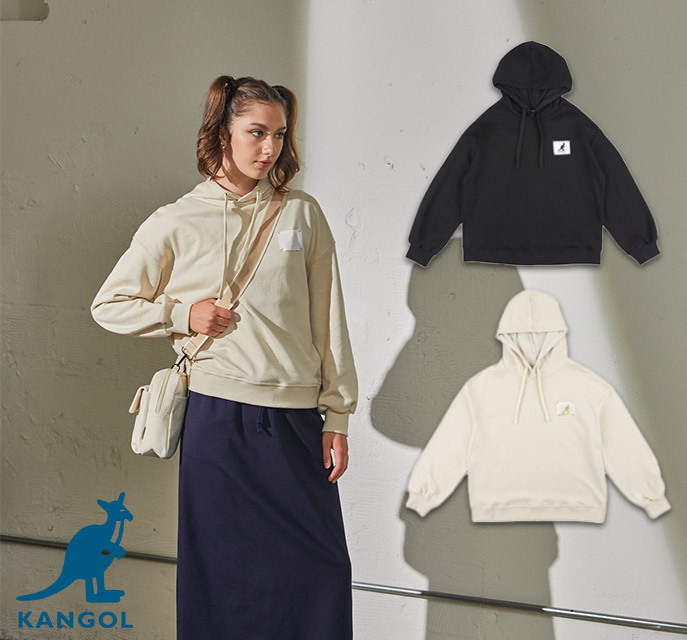 KANGOL 帽T 米白 黑 拼布LOGO 長袖 連帽T 女 6352105001 6352105020