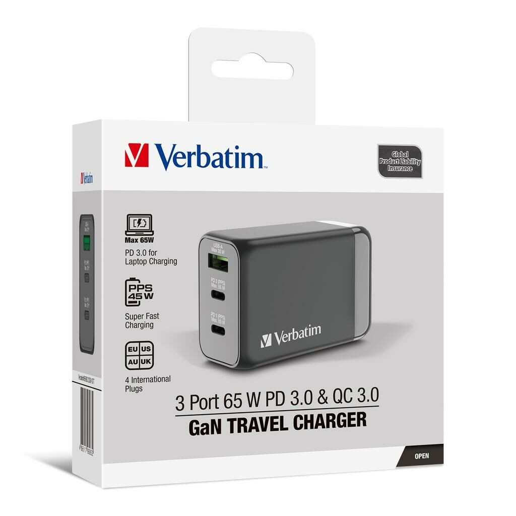 Verbatim 3 Port PD 3.0 65W Travel Charger 66963