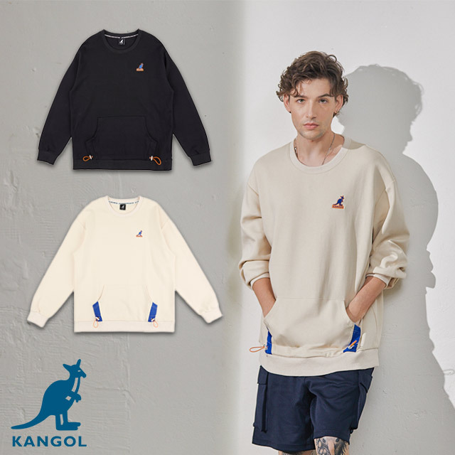 KANGOL 大學T 米白 黑 刺繡LOGO 口袋 抽繩 圓領T 中性 63551004- 6355100401 6355100420