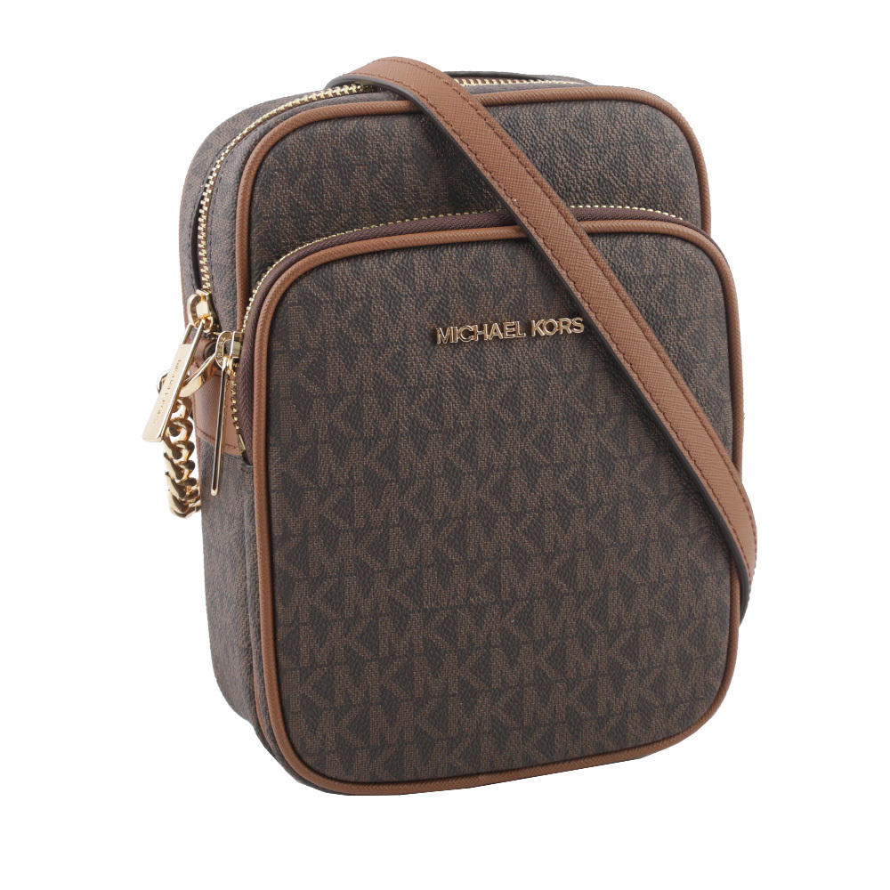 【Michael Kors】金字滿版塗層帆布拉鍊中款直式斜背包