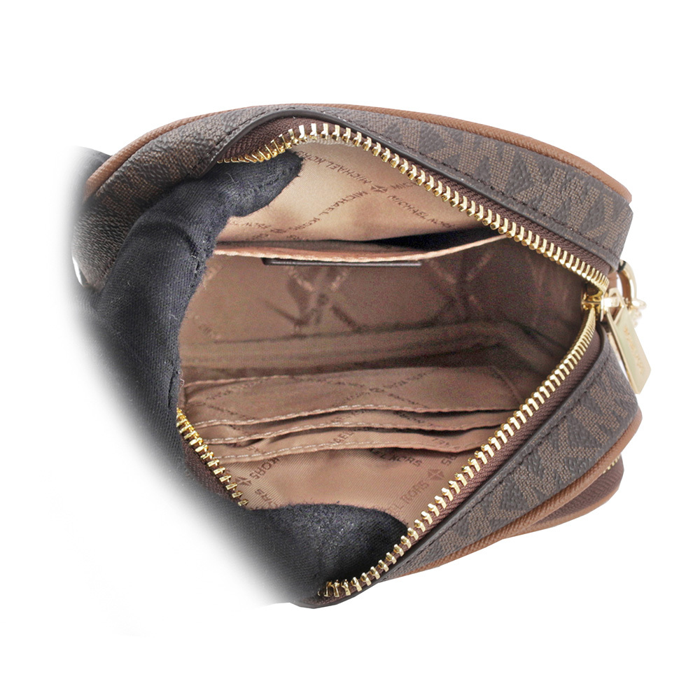 【Michael Kors】金字滿版塗層帆布拉鍊中款直式斜背包(咖啡色) 35F1GTVC2B BROWN