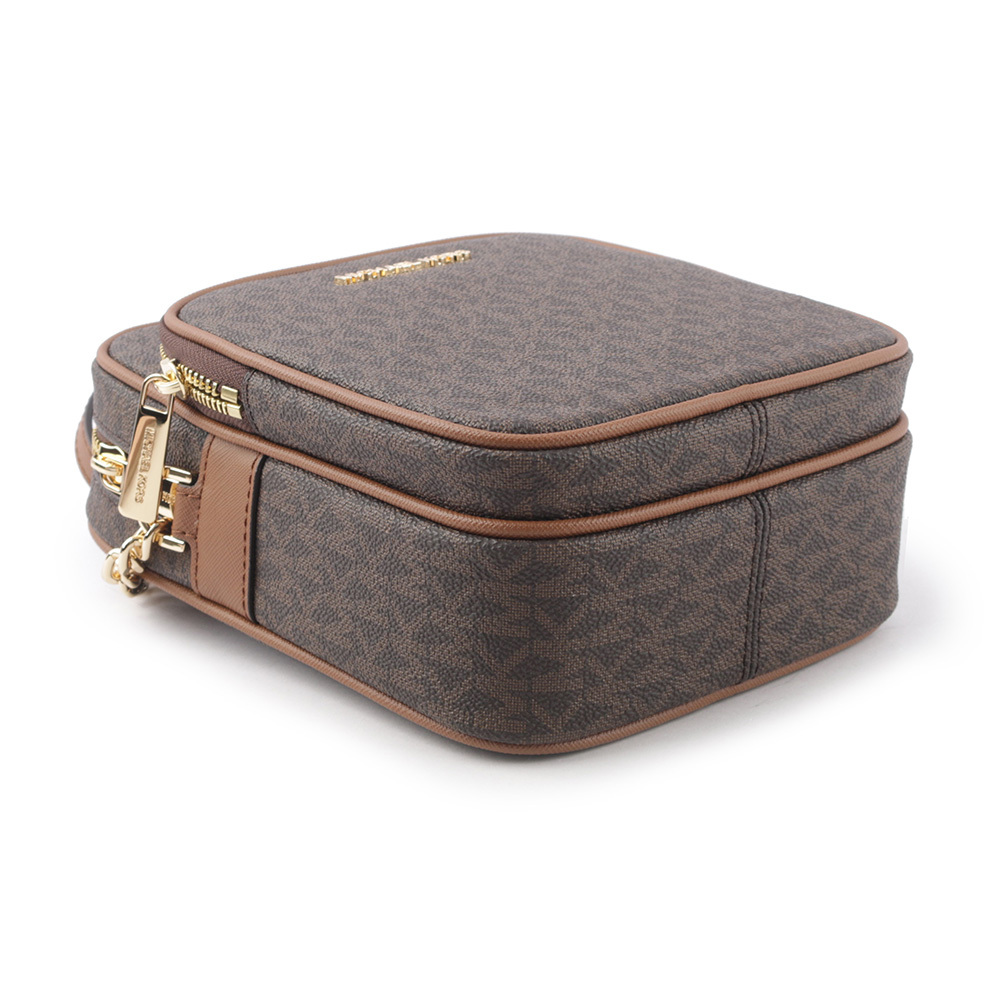 【Michael Kors】金字滿版塗層帆布拉鍊中款直式斜背包(咖啡色) 35F1GTVC2B BROWN