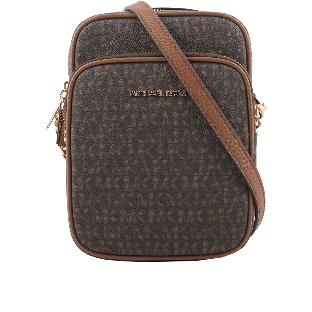【Michael Kors】金字滿版塗層帆布拉鍊中款直式斜背包(咖啡色) 35F1GTVC2B BROWN