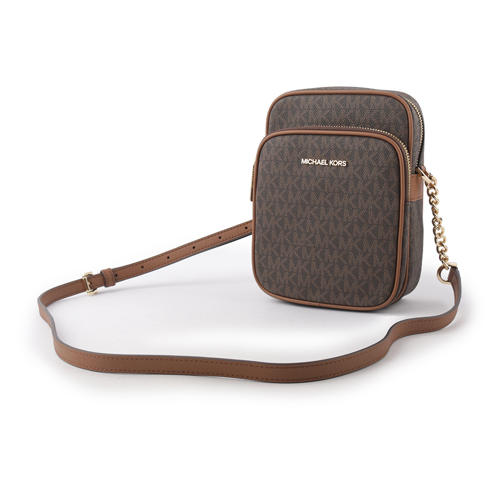 【Michael Kors】金字滿版塗層帆布拉鍊中款直式斜背包(咖啡色) 35F1GTVC2B BROWN