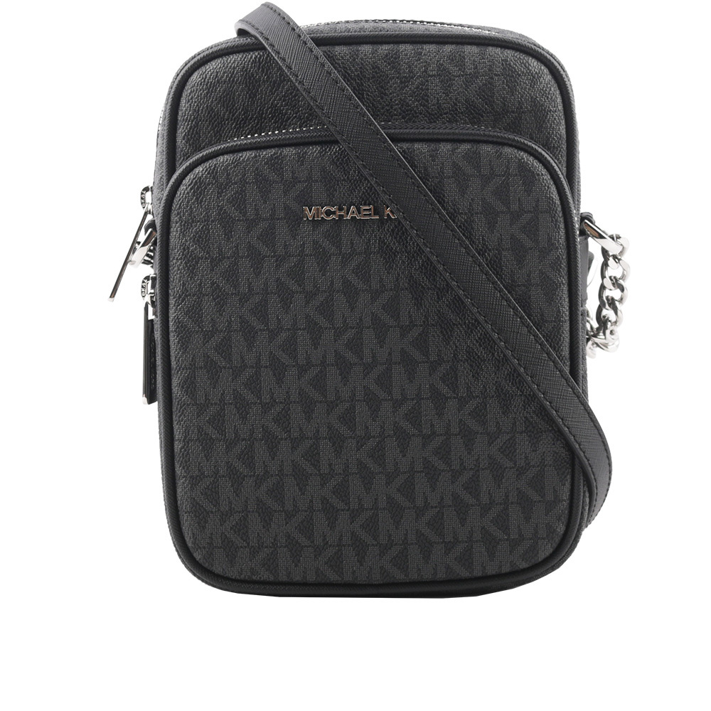 【Michael Kors】銀字滿版塗層帆布拉鍊中款直式斜背包