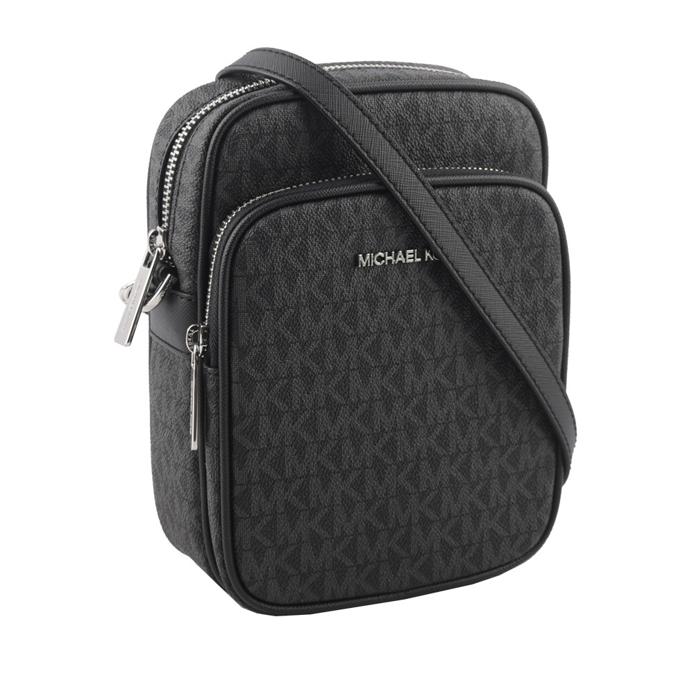 【Michael Kors】銀字滿版塗層帆布拉鍊中款直式斜背包