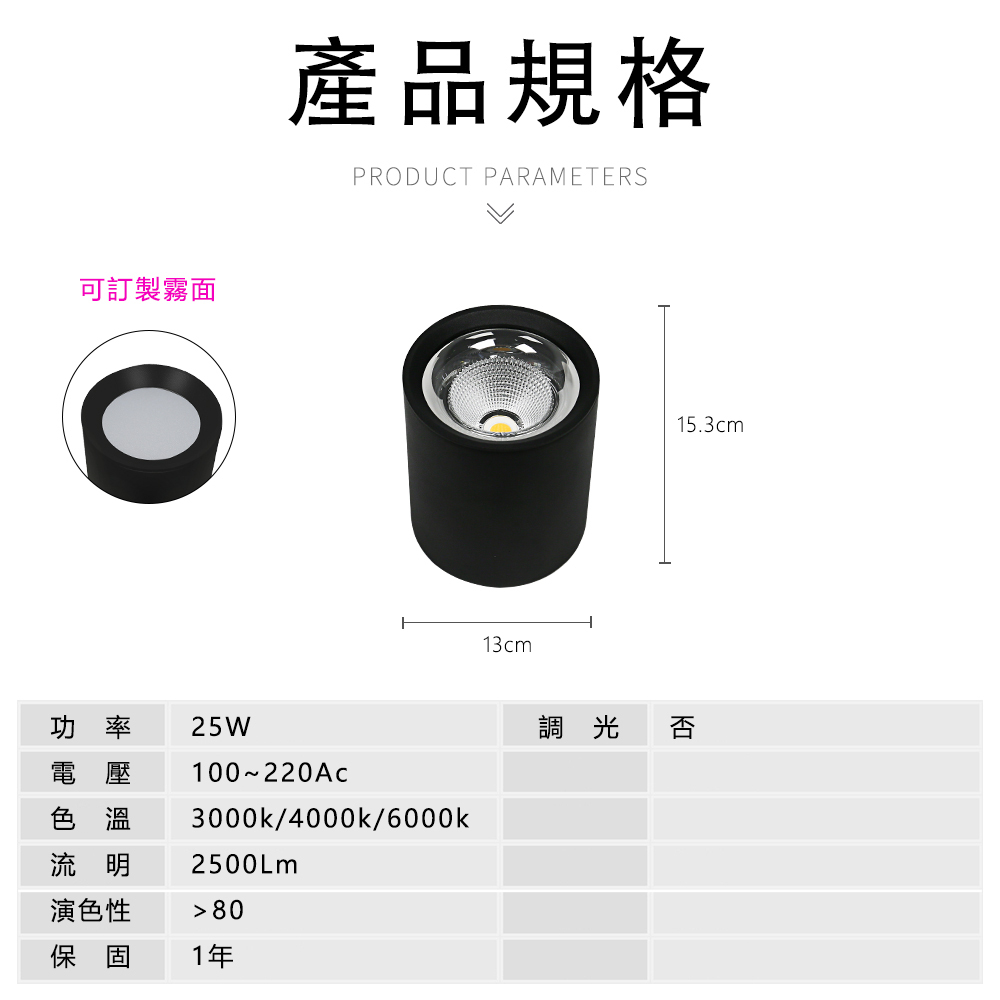 吸頂筒燈 25W 黑殼規格