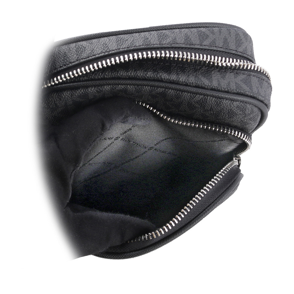 【Michael Kors】銀字滿版塗層帆布拉鍊中款直式斜背包(黑色) 35F1STVC2B BLACK