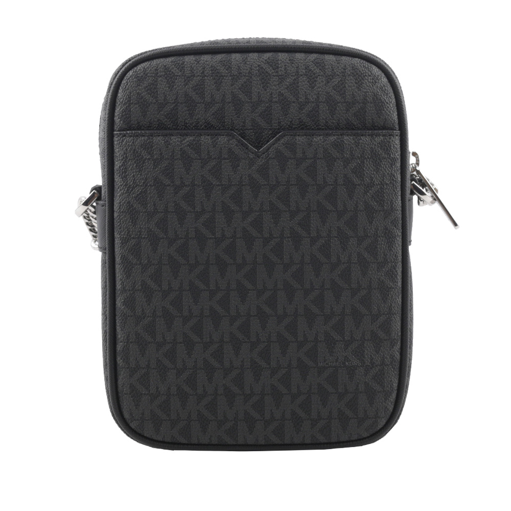【Michael Kors】銀字滿版塗層帆布拉鍊中款直式斜背包(黑色) 35F1STVC2B BLACK