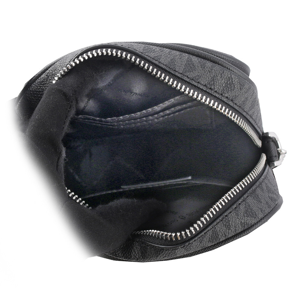 【Michael Kors】銀字滿版塗層帆布拉鍊中款直式斜背包(黑色) 35F1STVC2B BLACK