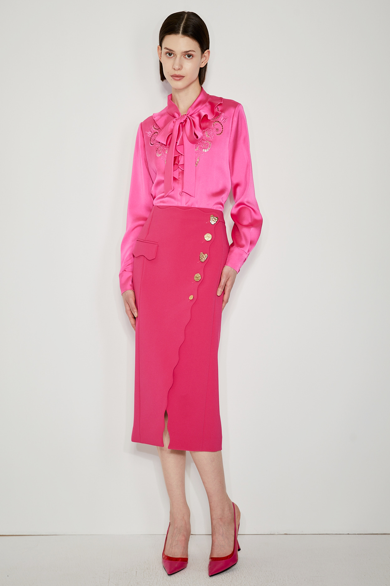 BC15007C1 玫瑰桃紅鍛造金扣鉛筆裙