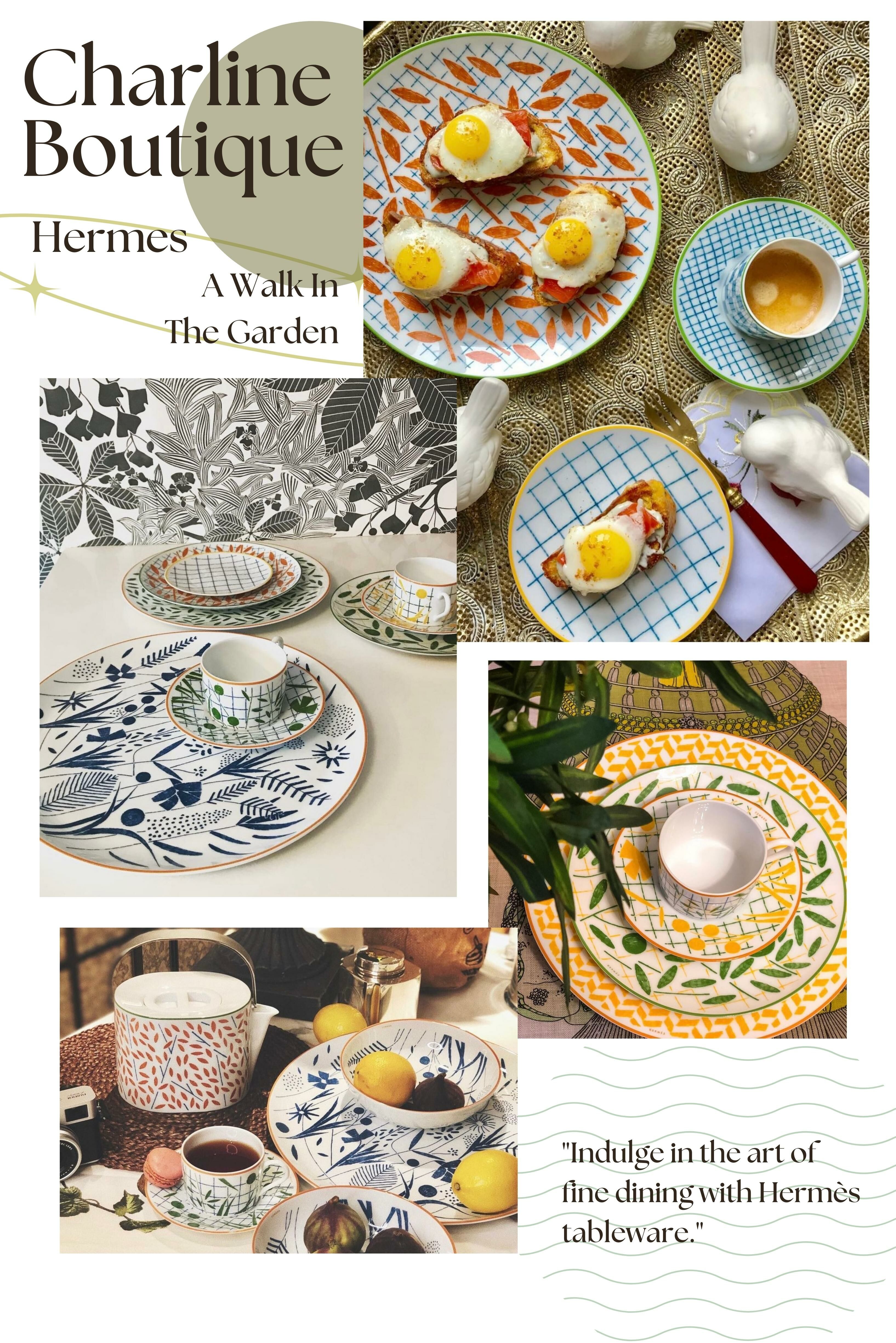 Hermès 餐瓷系列精緻特別，每一款都是絕不能錯過的！以下為您介紹：A Walk In The Garden 繽紛英國花園風。Passifolia 寫實植物圖案。Carnets D'equateur 融合多種色彩。Bleus D'ailleurs 迷人藍色系。Voyage En Ikat 綁染技術風格。Balcon Du Guadalquivir 鮮艷紅色風格。Soleil D'Hermes 陽光明亮黃色系。Mosaique Au 24 經典馬賽克圖案。