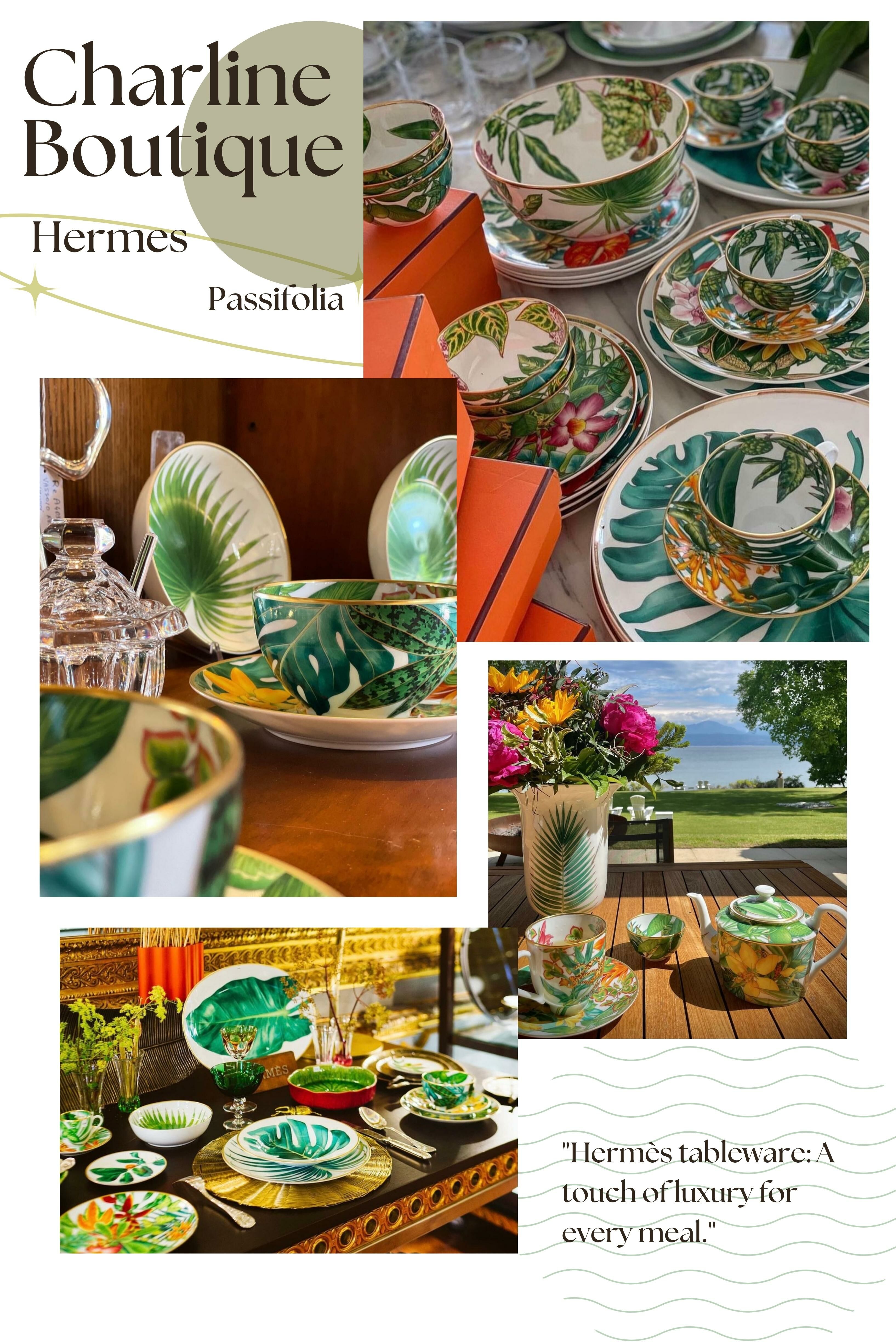 Hermès 餐瓷系列精緻特別，每一款都是絕不能錯過的！以下為您介紹：A Walk In The Garden 繽紛英國花園風。Passifolia 寫實植物圖案。Carnets D'equateur 融合多種色彩。Bleus D'ailleurs 迷人藍色系。Voyage En Ikat 綁染技術風格。Balcon Du Guadalquivir 鮮艷紅色風格。Soleil D'Hermes 陽光明亮黃色系。Mosaique Au 24 經典馬賽克圖案。