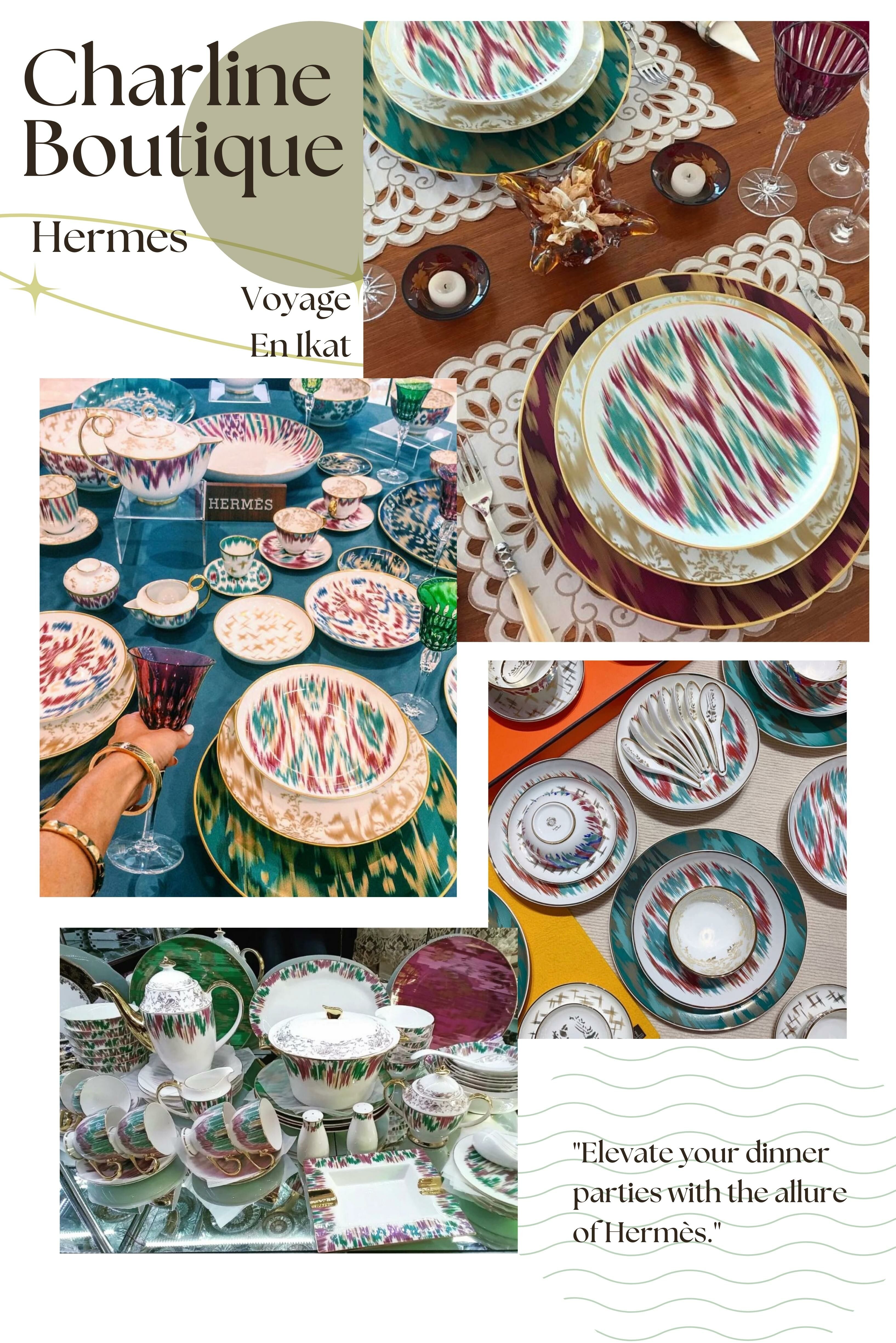 Hermès 餐瓷系列精緻特別，每一款都是絕不能錯過的！以下為您介紹：A Walk In The Garden 繽紛英國花園風。Passifolia 寫實植物圖案。Carnets D'equateur 融合多種色彩。Bleus D'ailleurs 迷人藍色系。Voyage En Ikat 綁染技術風格。Balcon Du Guadalquivir 鮮艷紅色風格。Soleil D'Hermes 陽光明亮黃色系。Mosaique Au 24 經典馬賽克圖案。