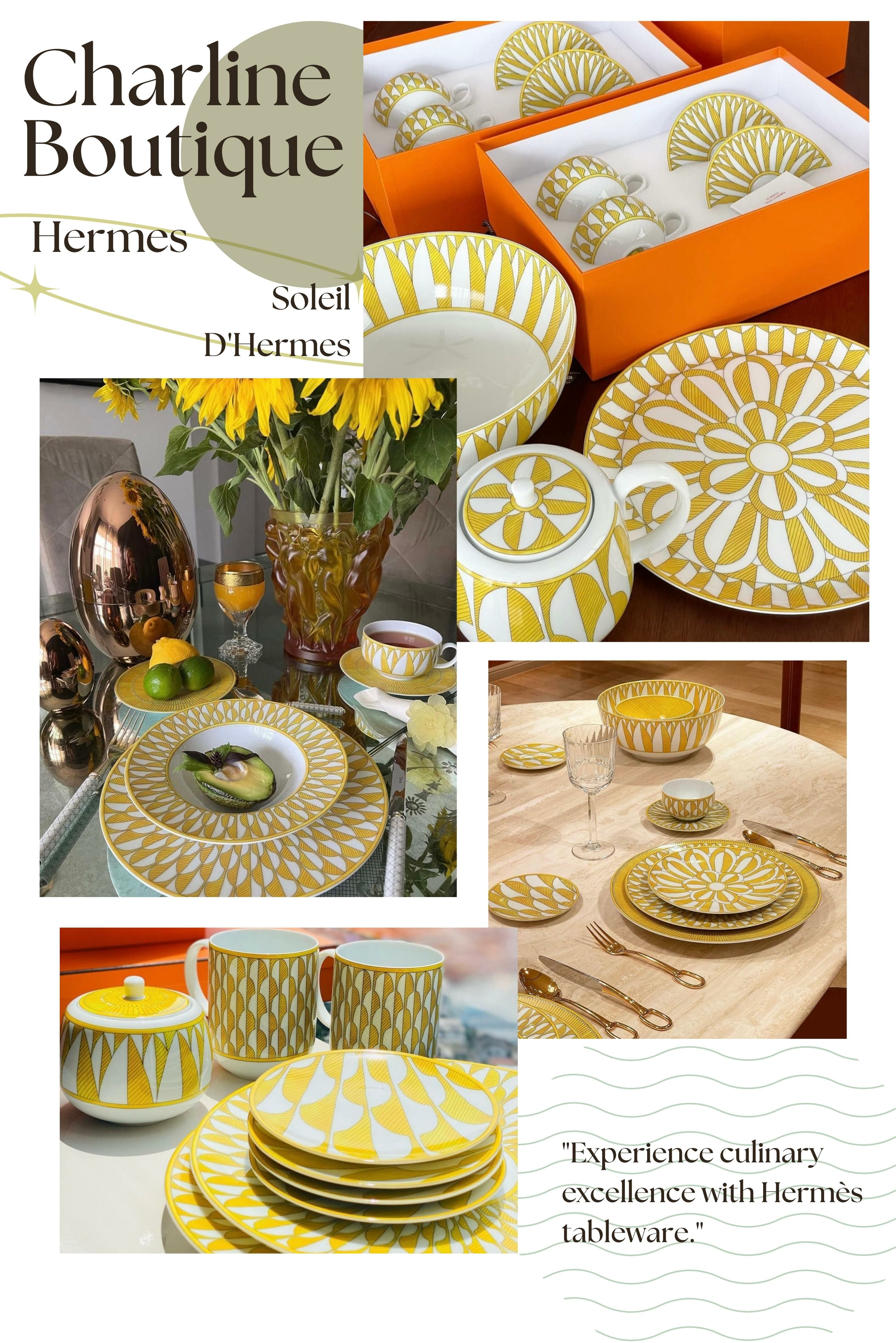 Hermès 餐瓷系列精緻特別，每一款都是絕不能錯過的！以下為您介紹：A Walk In The Garden 繽紛英國花園風。Passifolia 寫實植物圖案。Carnets D'equateur 融合多種色彩。Bleus D'ailleurs 迷人藍色系。Voyage En Ikat 綁染技術風格。Balcon Du Guadalquivir 鮮艷紅色風格。Soleil D'Hermes 陽光明亮黃色系。Mosaique Au 24 經典馬賽克圖案。
