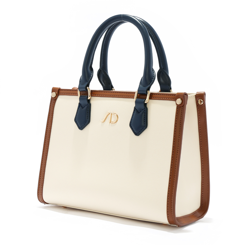 法系滾邊撞色3WAY手提包(中型) 藍棕色