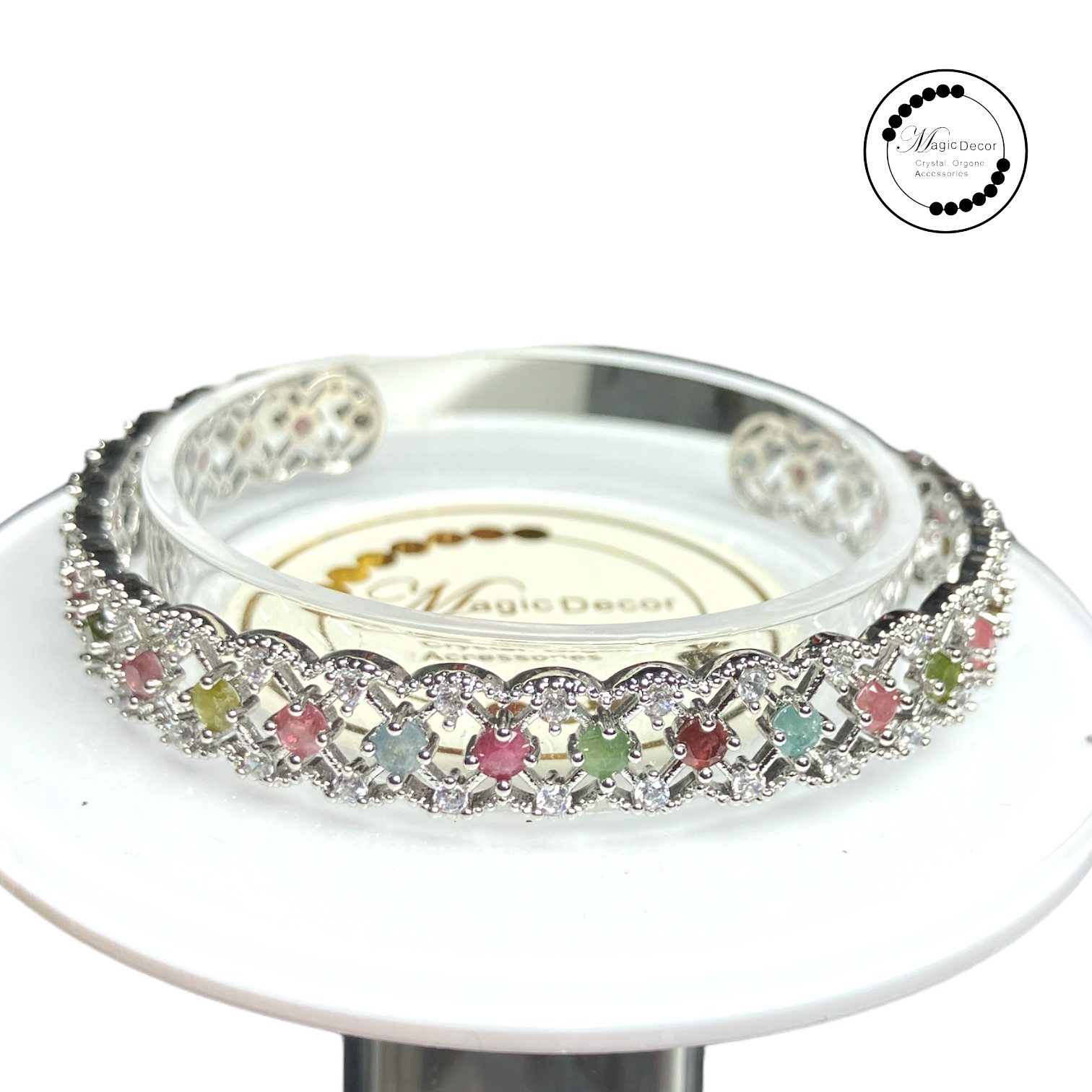 241223-D47 銀色蕾絲邊彩碧璽開口手鈪