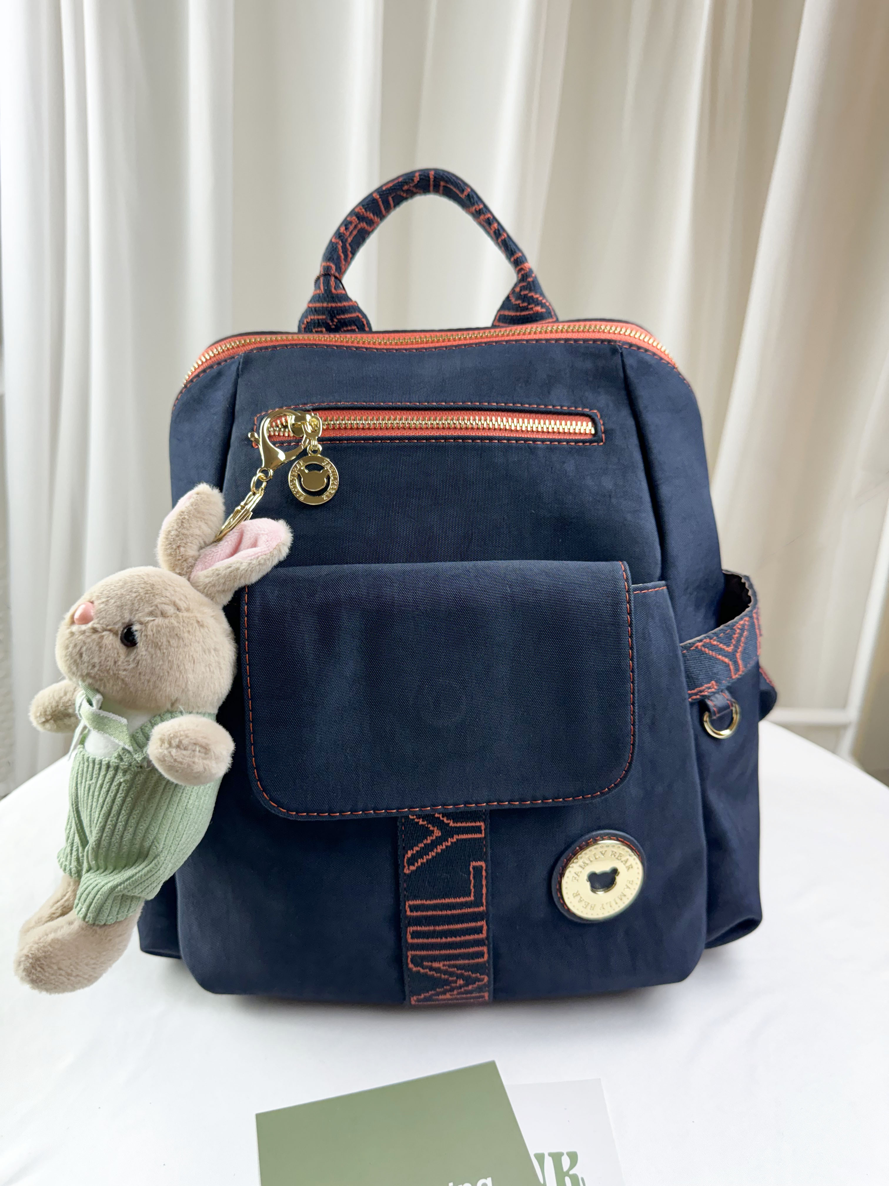 FamilyBear 藍橙織帶防潑水後背包  附兔兔吊飾 #2854