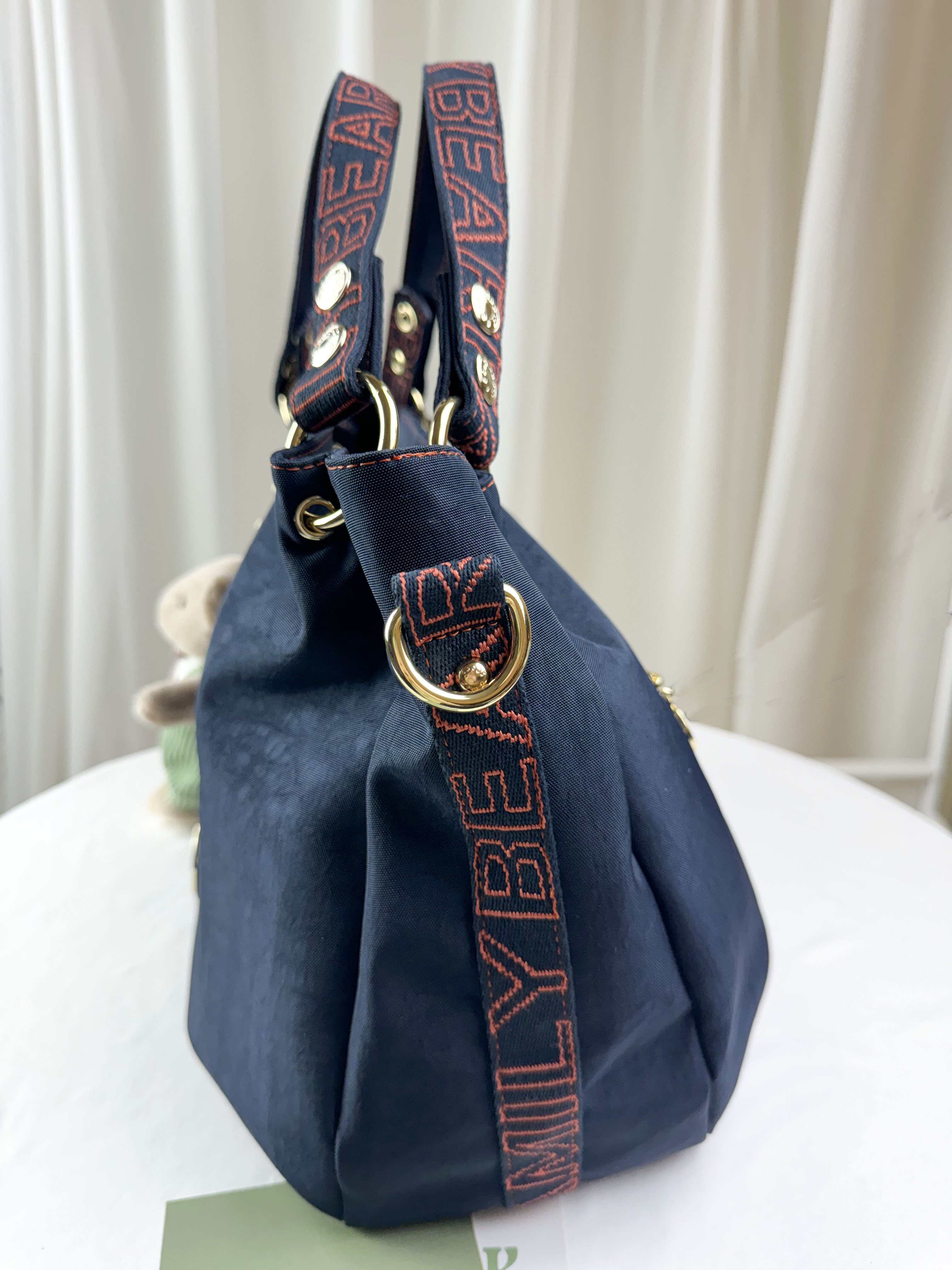 FamilyBear 藍橙織帶防潑水手提包 / 側背包 附兔兔吊飾  #2281