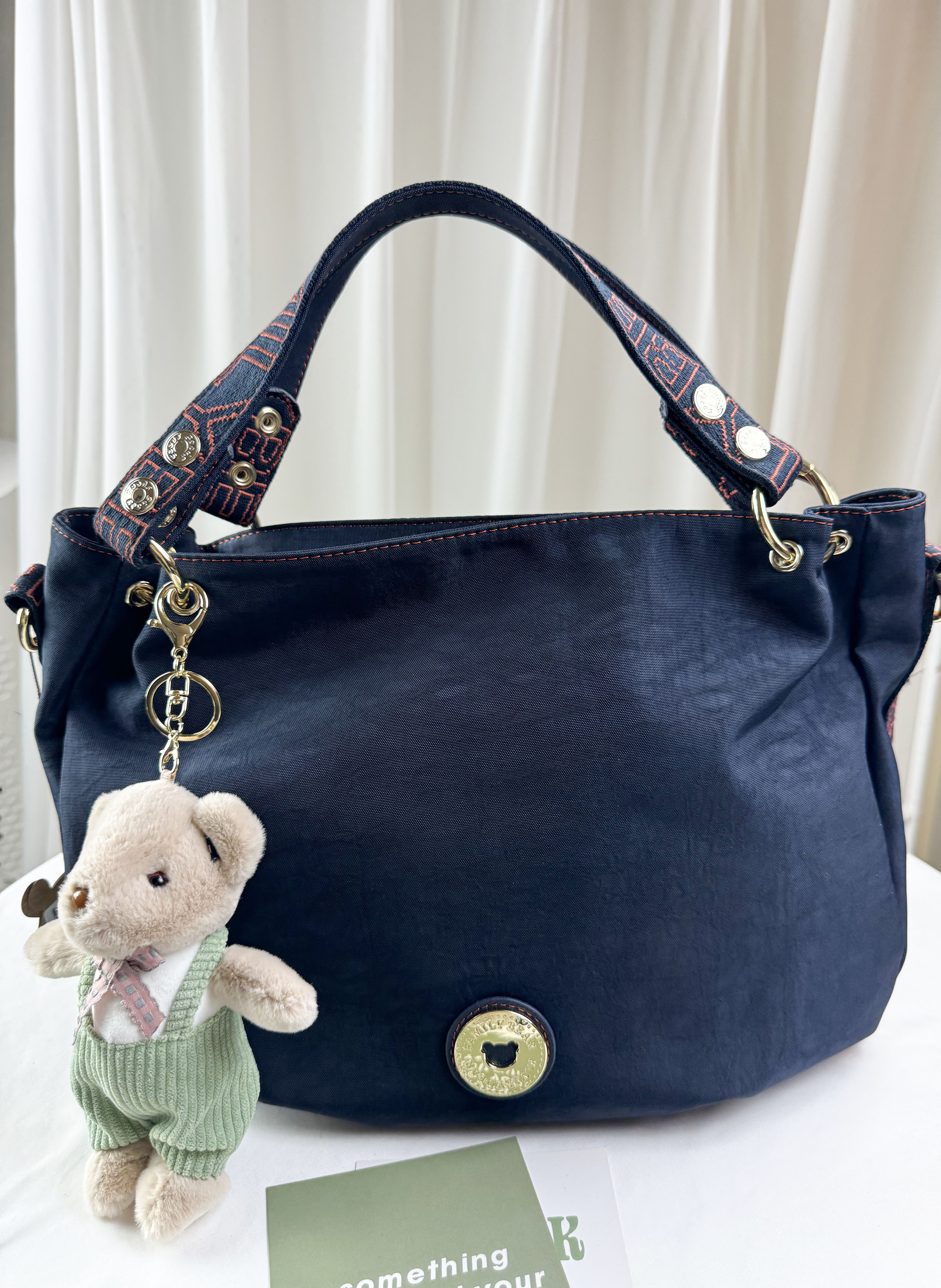 FamilyBear 藍橙織帶防潑水手提包 / 側背包 附兔兔吊飾  #2281