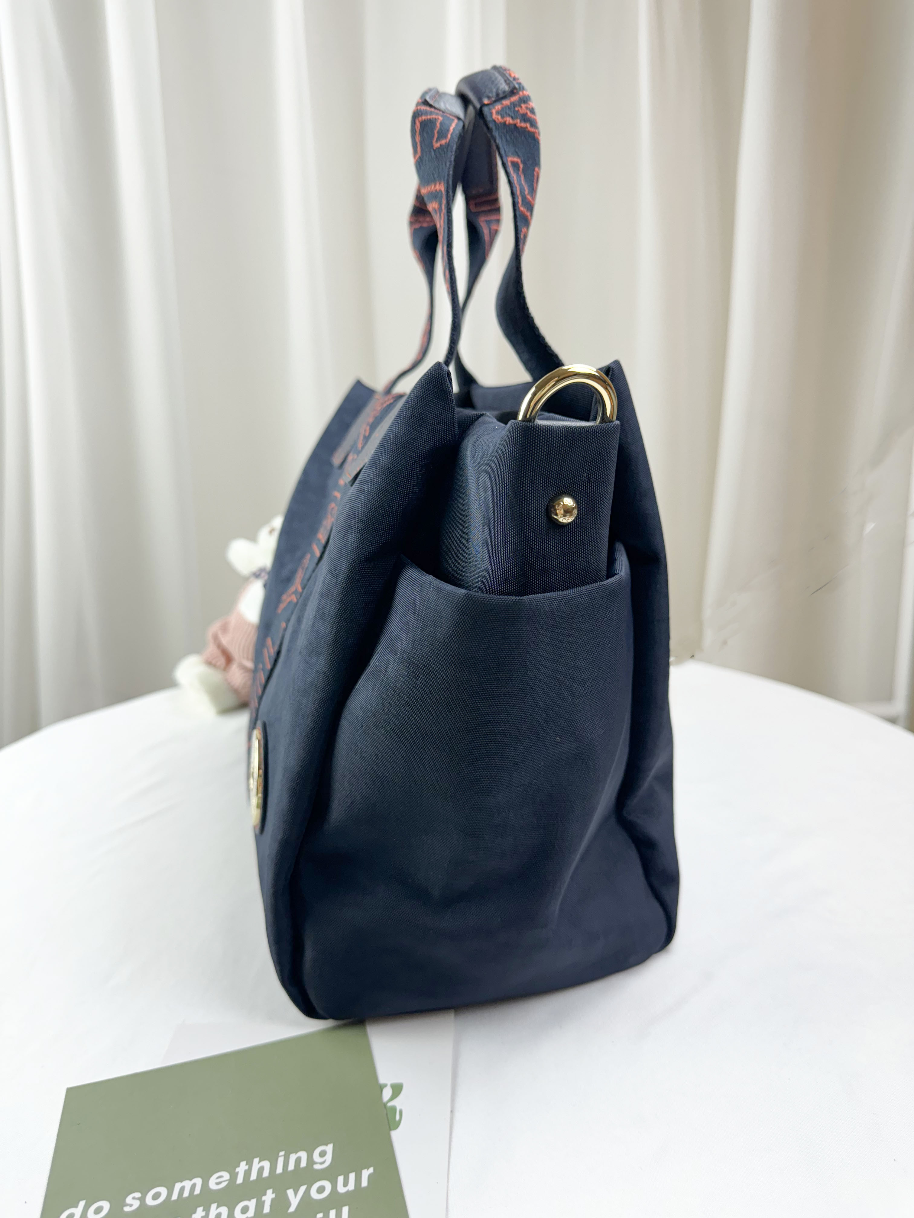 FamilyBear  藍橙織帶防潑水手提包 / 側背包 附兔兔吊飾 #2853