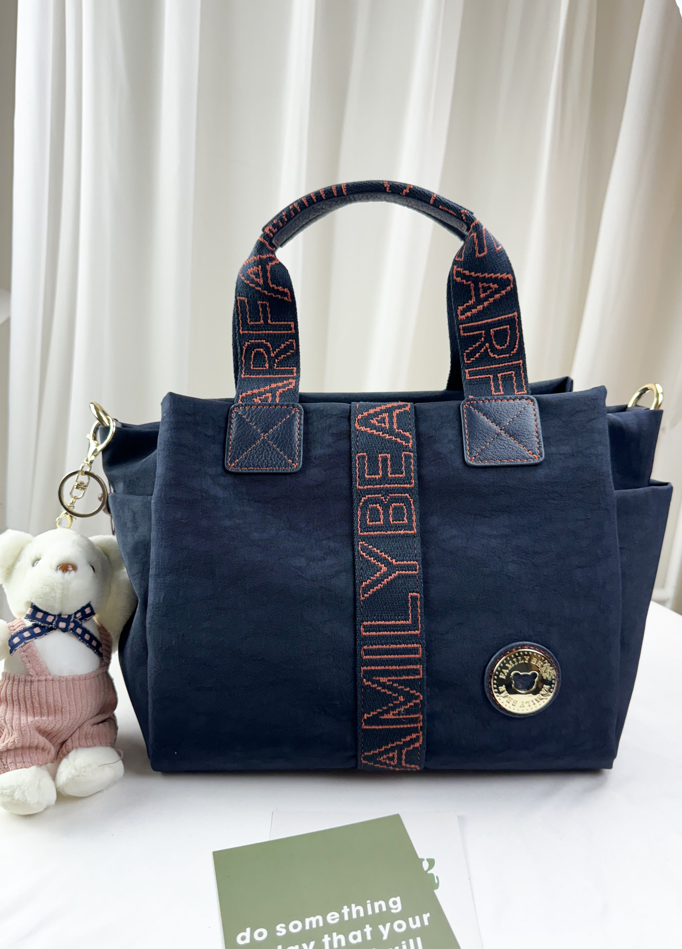 FamilyBear  藍橙織帶防潑水手提包 / 側背包 附兔兔吊飾 #2853